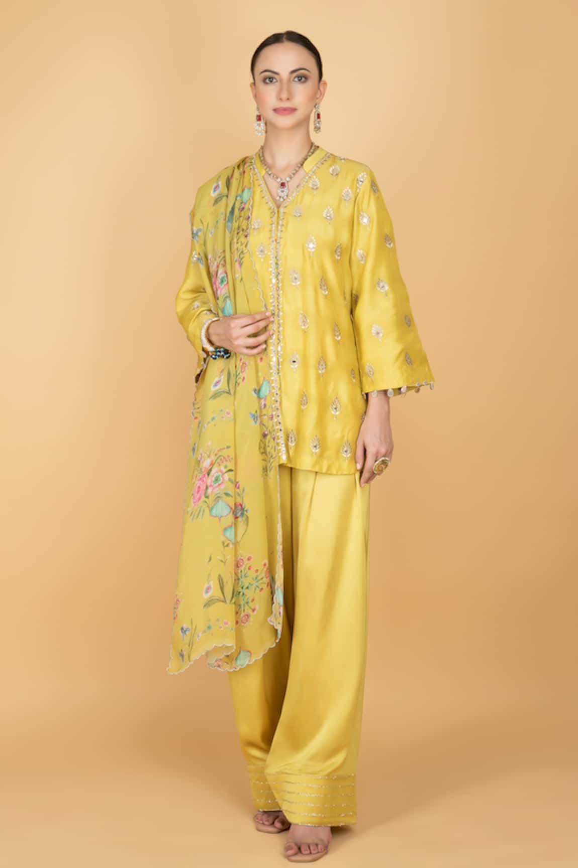 Tanu Malhotra Lime Yellow Embroidered Kurta Pant Set 