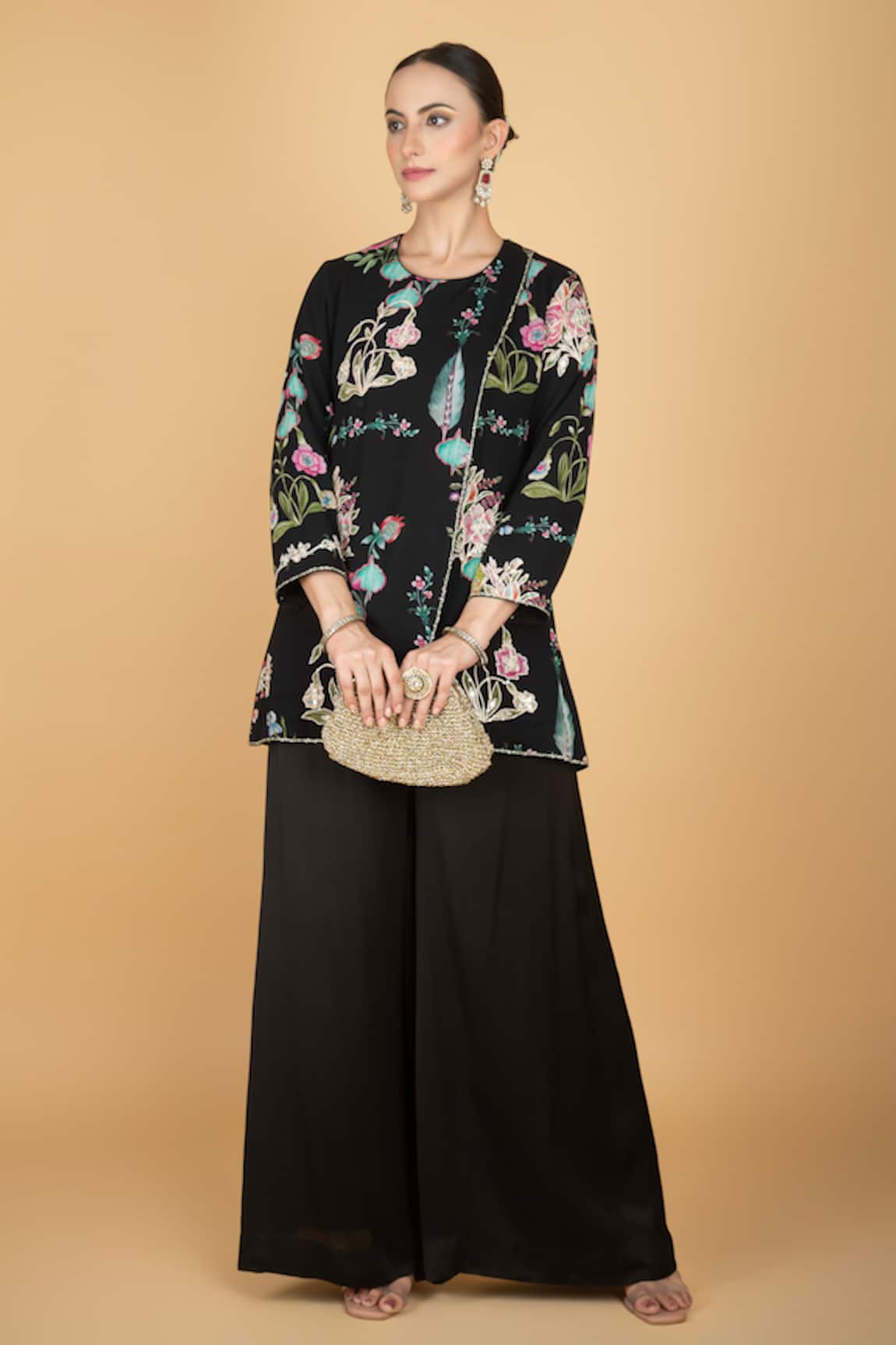 Tanu Malhotra Floral Overlay Top & Black Pant Set 
