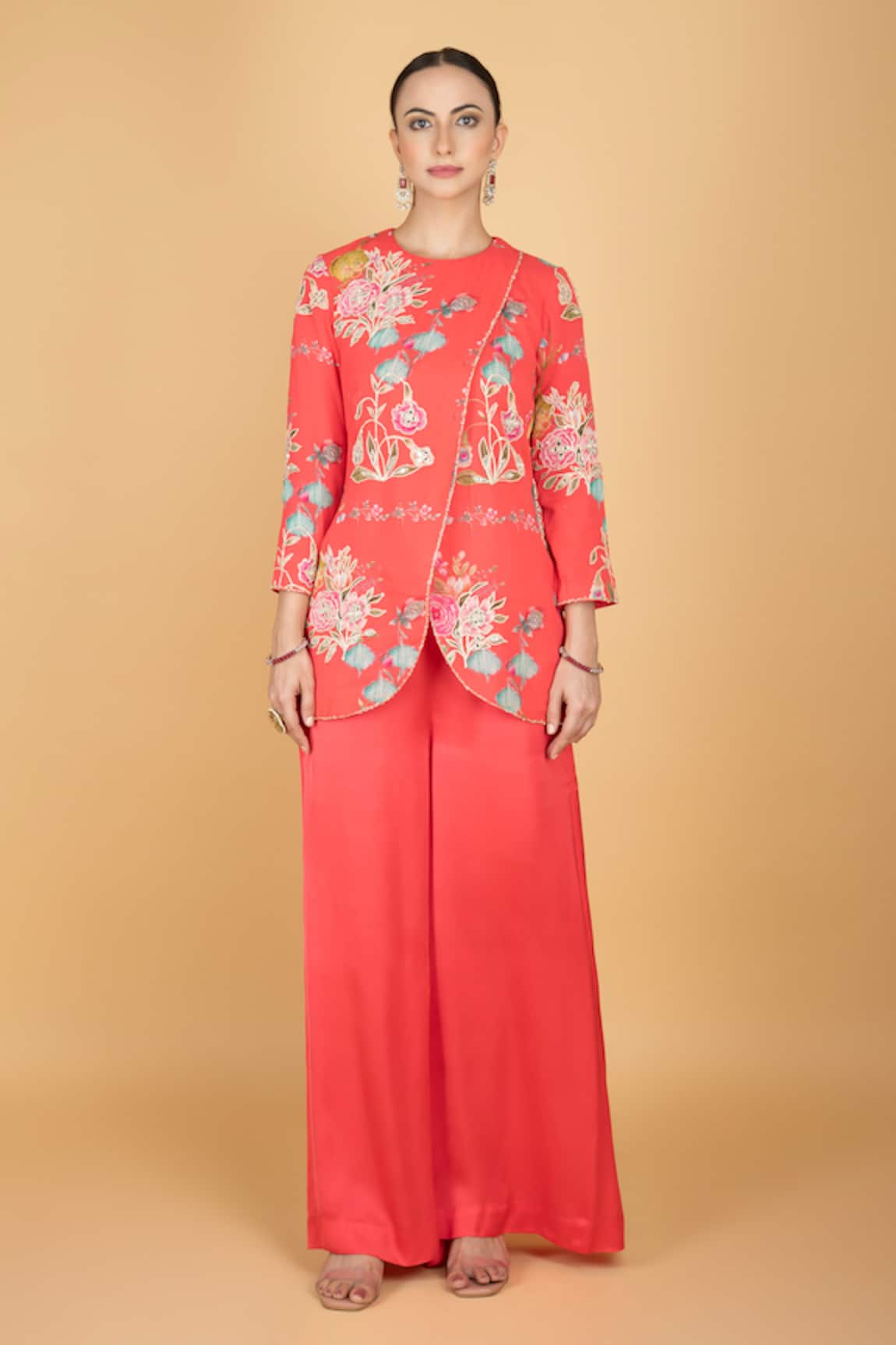 Tanu Malhotra Coral Pink Floral Overlay Top & Pant Set 