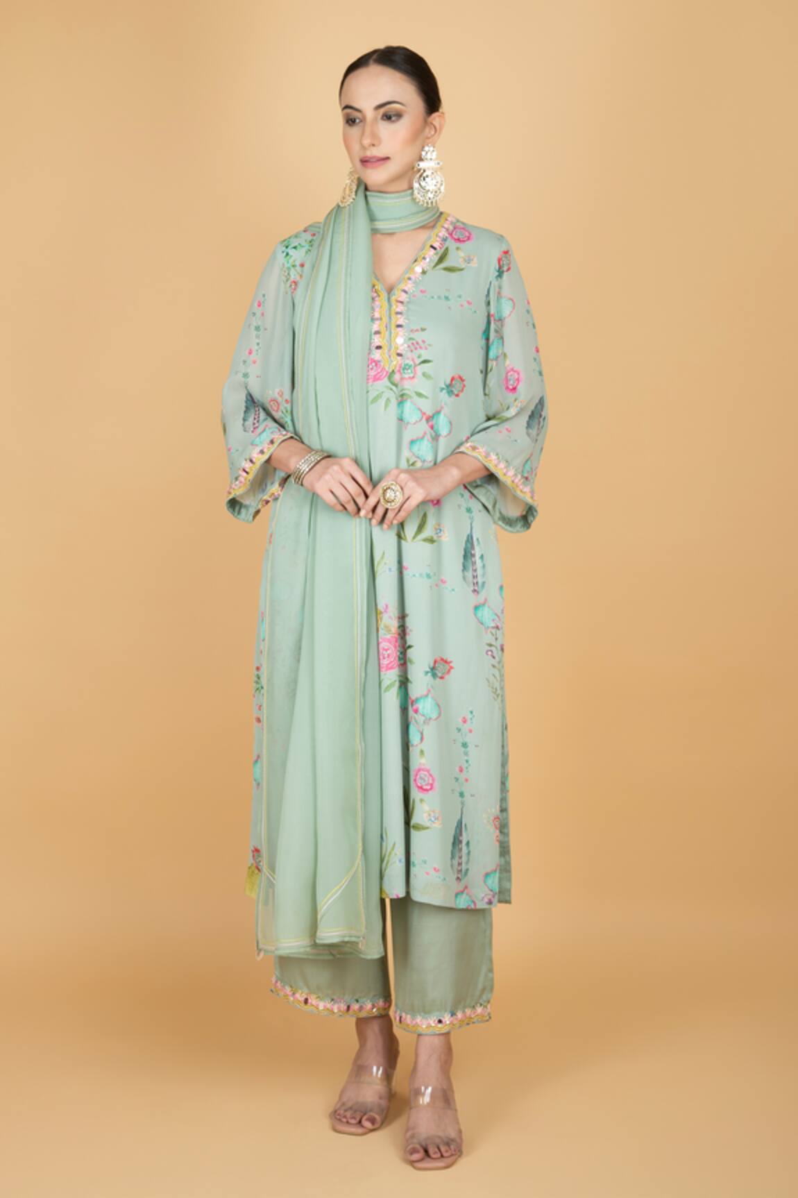 Tanu Malhotra Floral Embroidered Green Kurta Set 