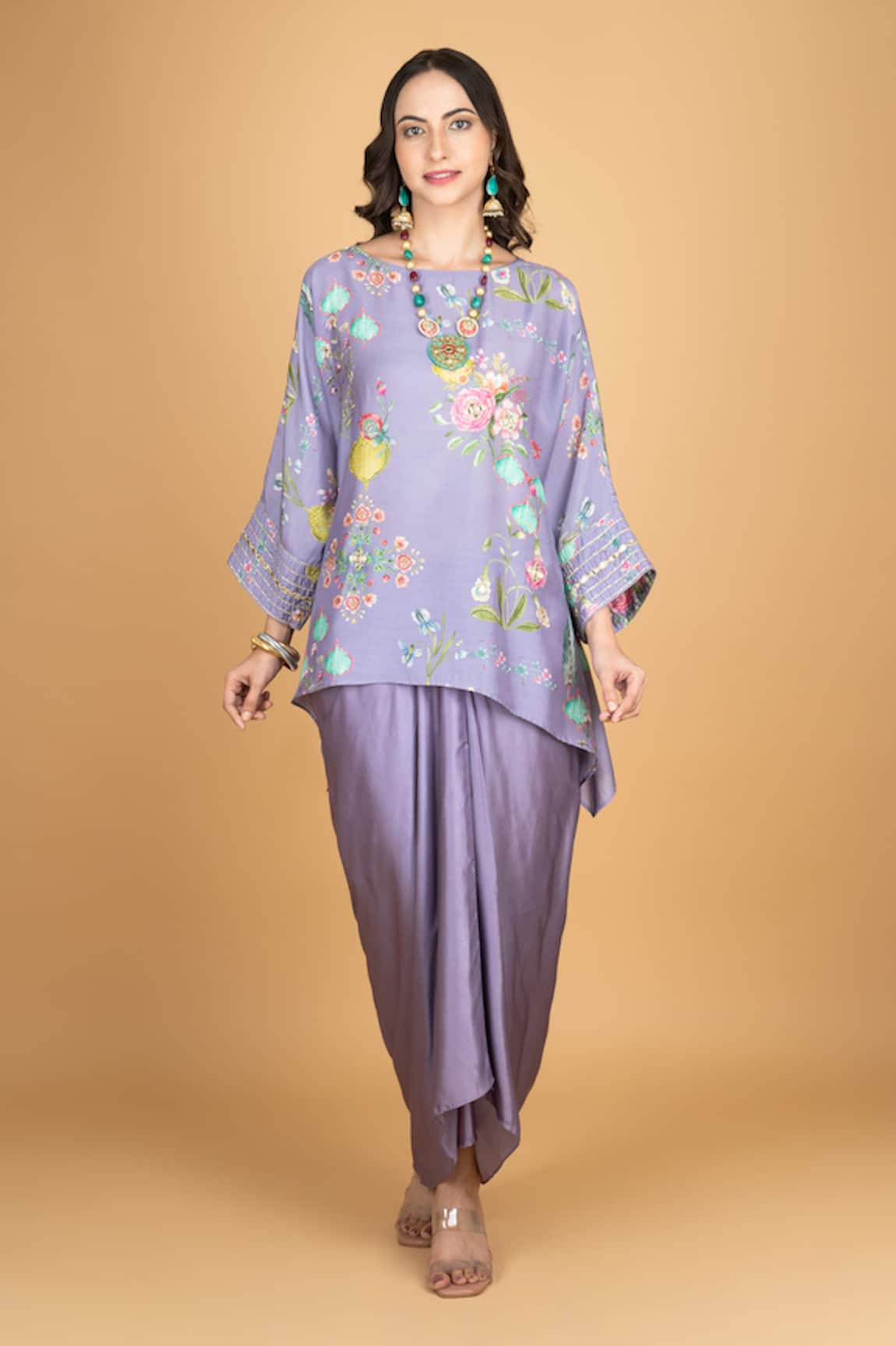 Tanu Malhotra Purple Floral Embroidered Top & Draped Skirt 