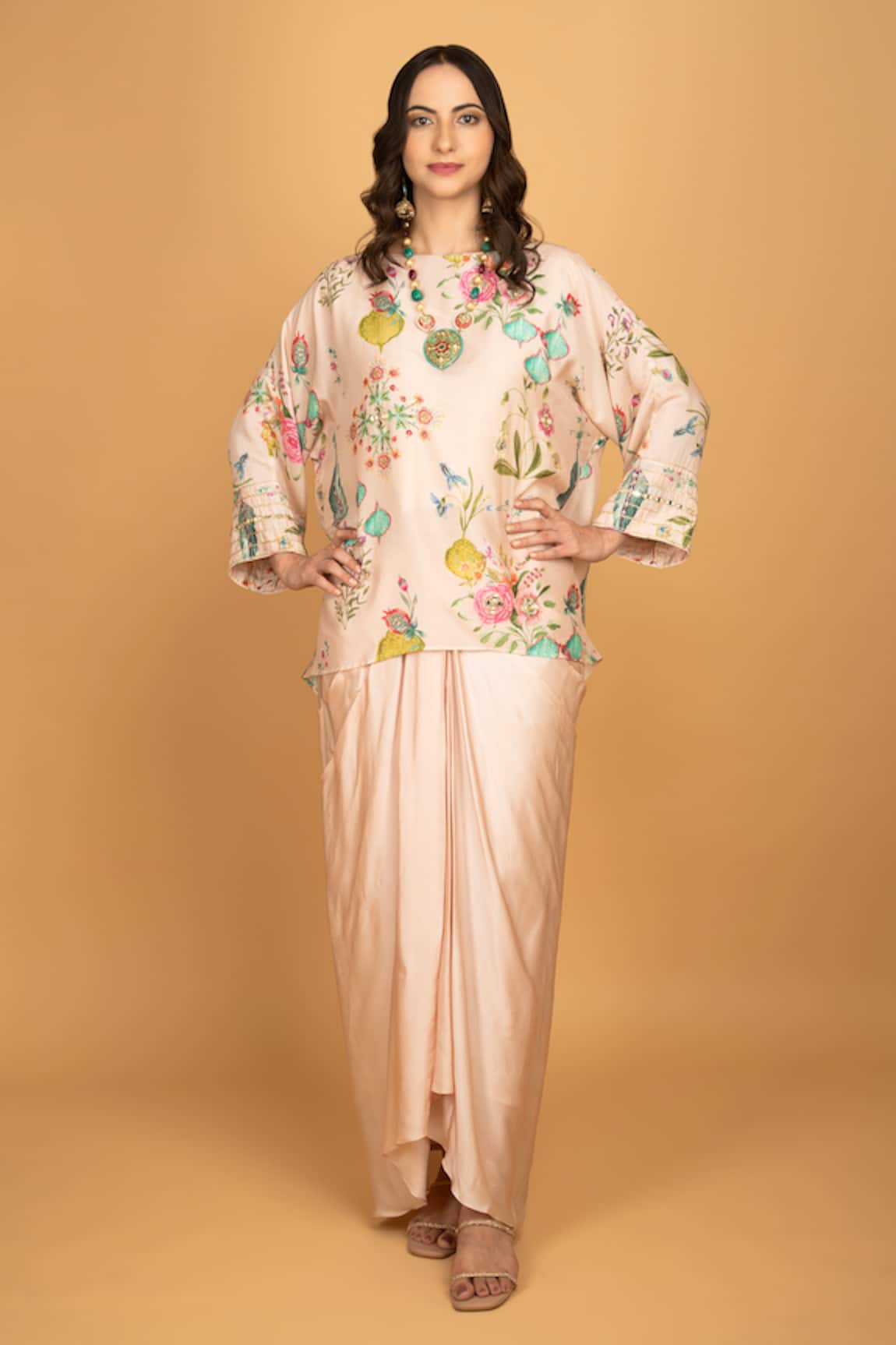 Tanu Malhotra Floral Print Top & Drape Skirt Set 
