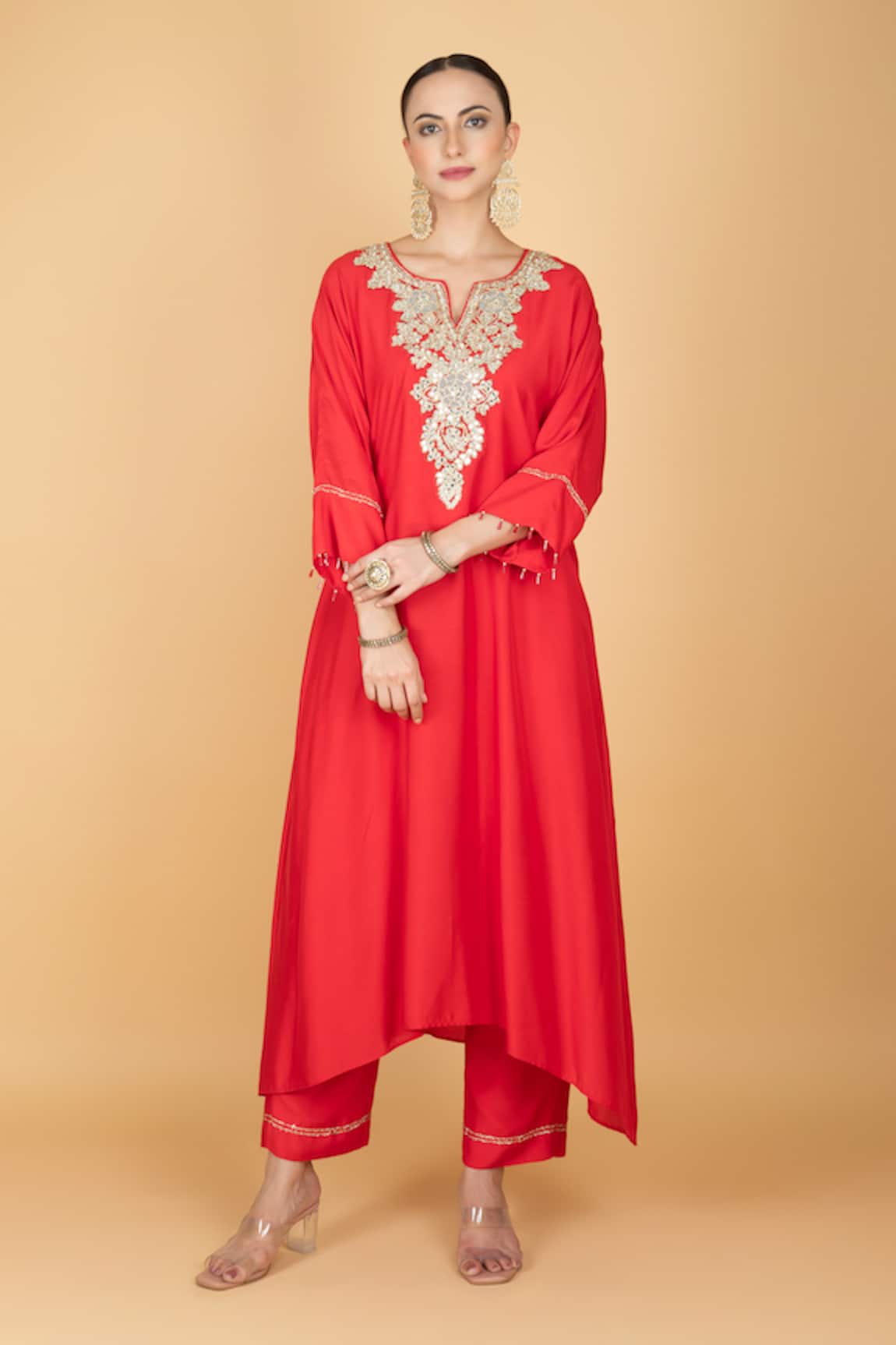 Tanu Malhotra Embroidered Red Kaftaan & Pant Set 