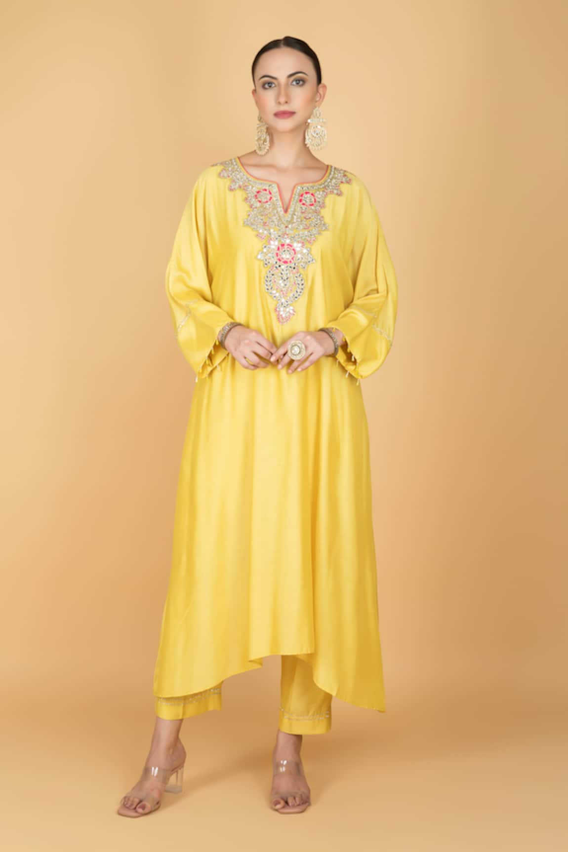Tanu Malhotra Lime Yellow Kaftaan & Pant Set 