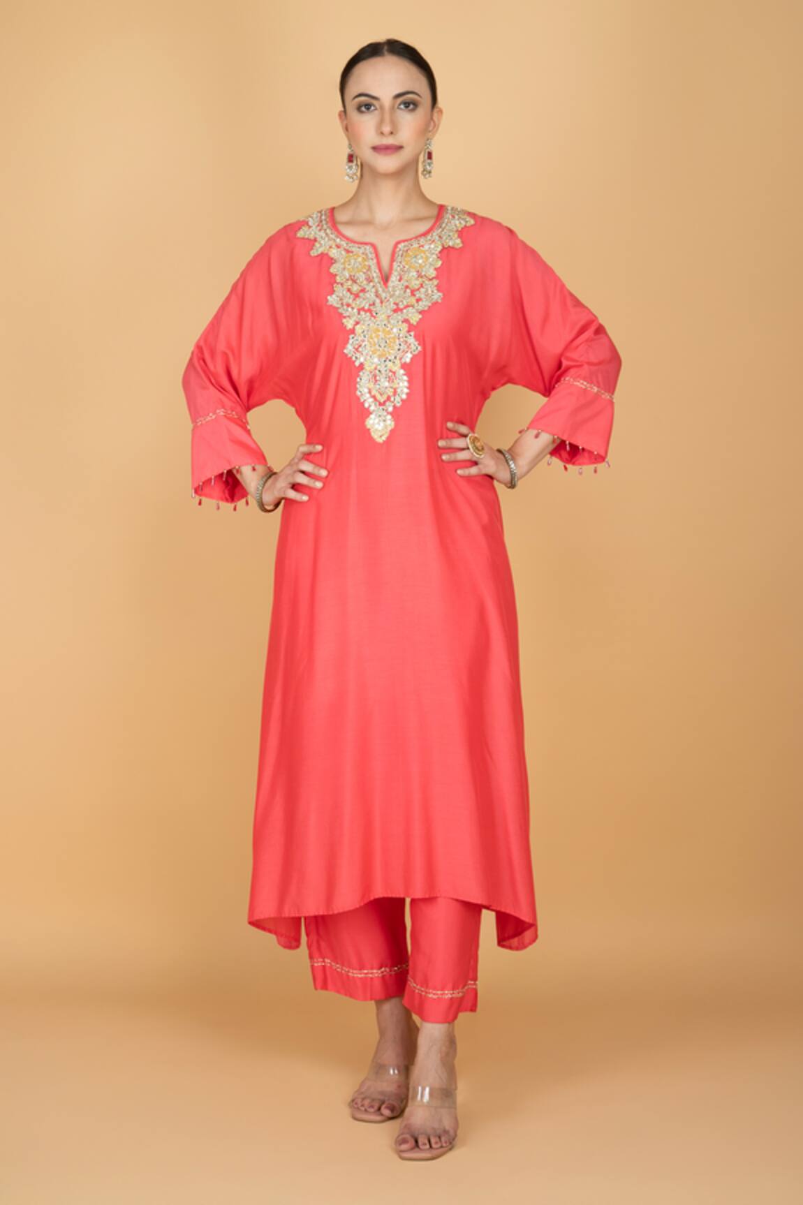 Tanu Malhotra Coral Pink Kaftaan & Pant Set 