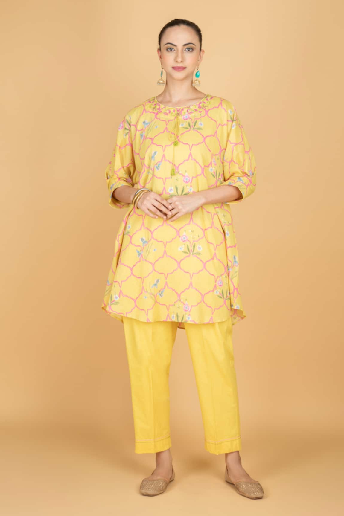 Tanu Malhotra Floral Print Lime Yellow Kurta & Pant Set 