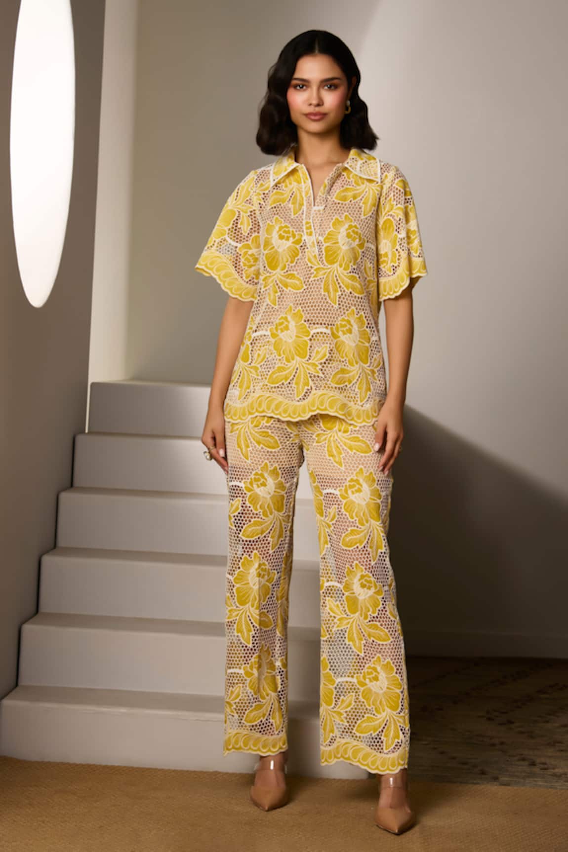Label Deepika Nagpal Yellow Mesh Bonnie Sunshine Pant Co-ord Set 