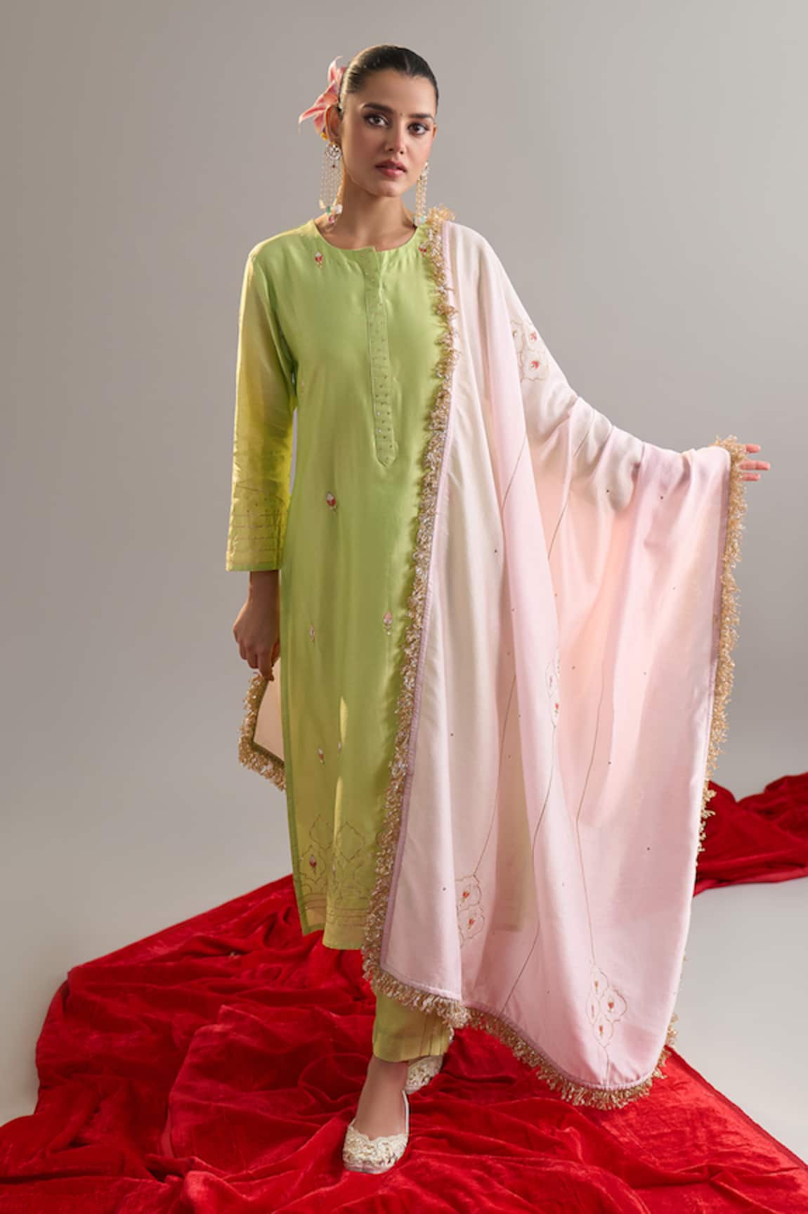 Anantaa By Roohi X AZA Green Silk Chanderi Kurta Pant Set 