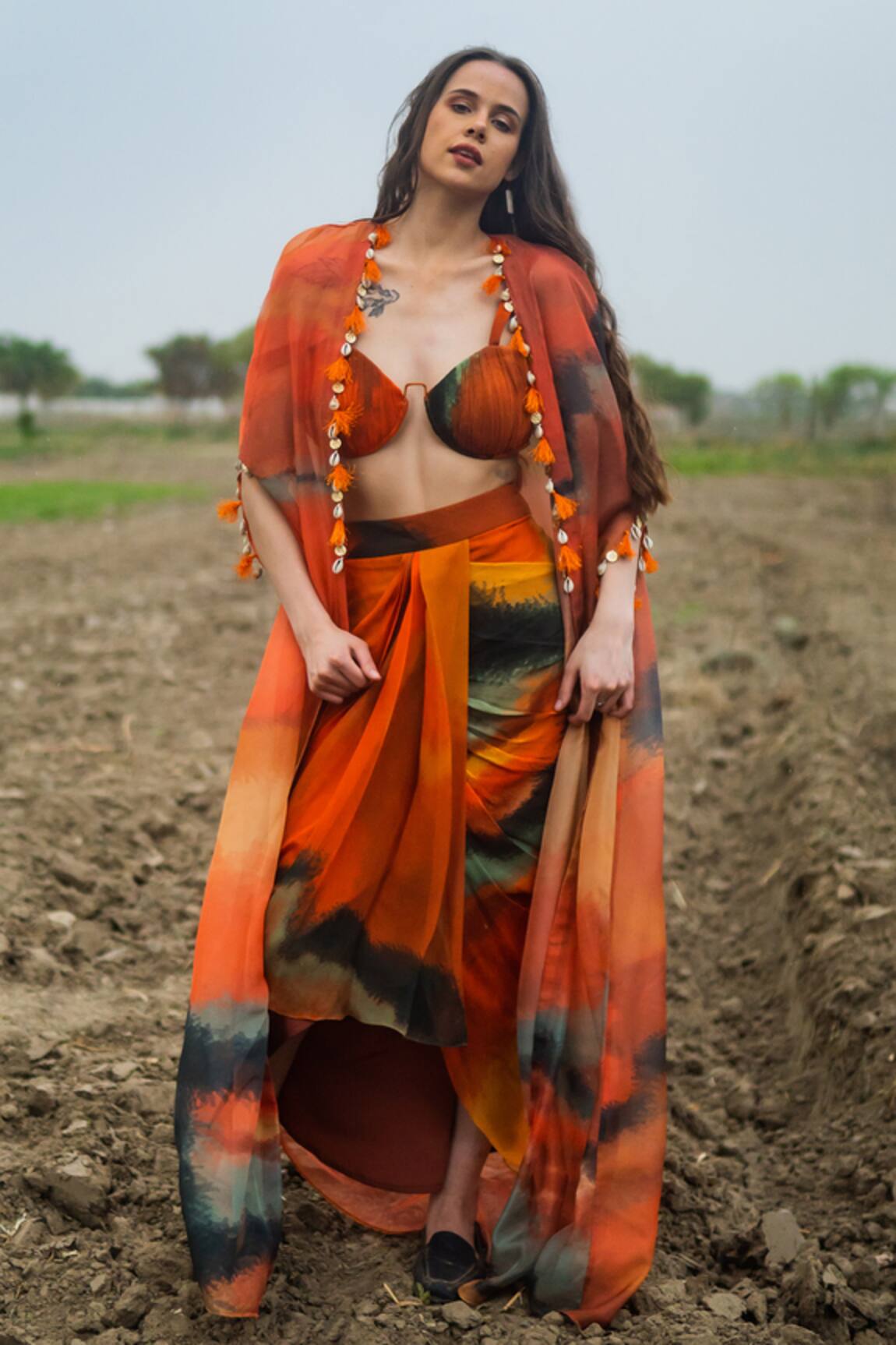 Gazab by Miku Kumar Amber Drift Cape Set 