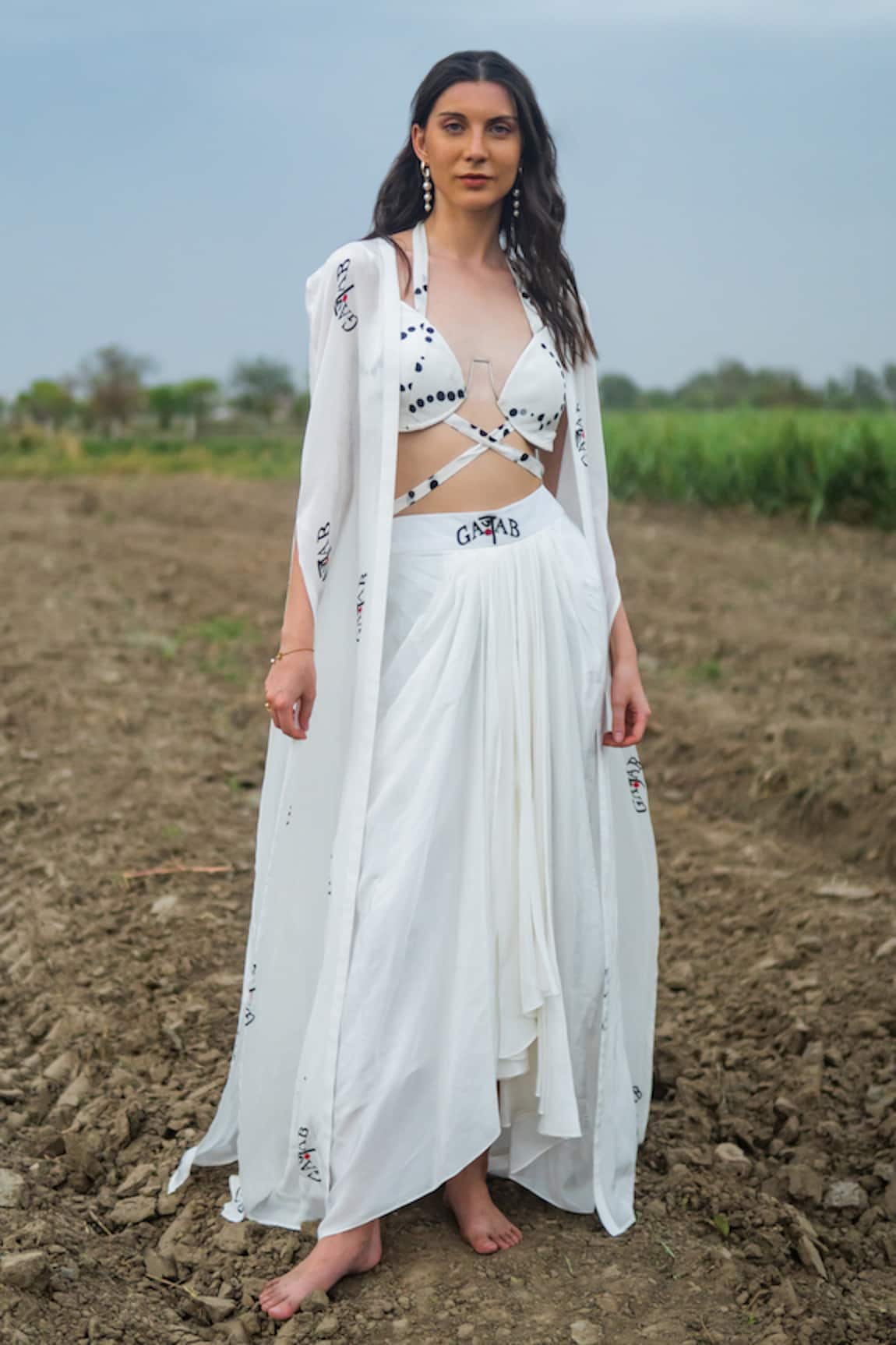 Gazab by Miku Kumar Ivory Organza Cape Set 