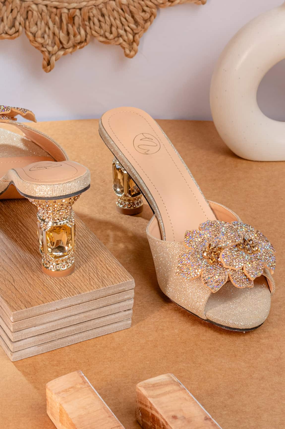 NR By Nidhi Rathi Gold Velvet Embellished Stiletto Sandals 