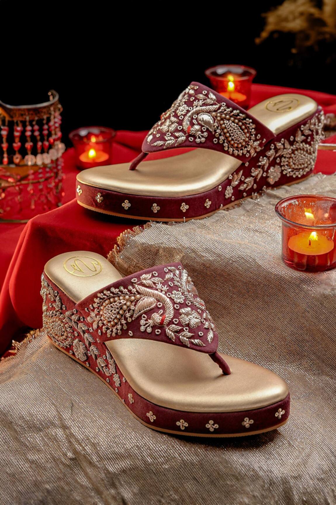 NR By Nidhi Rathi Maroon Velvet Ethnic Wedge Heels 