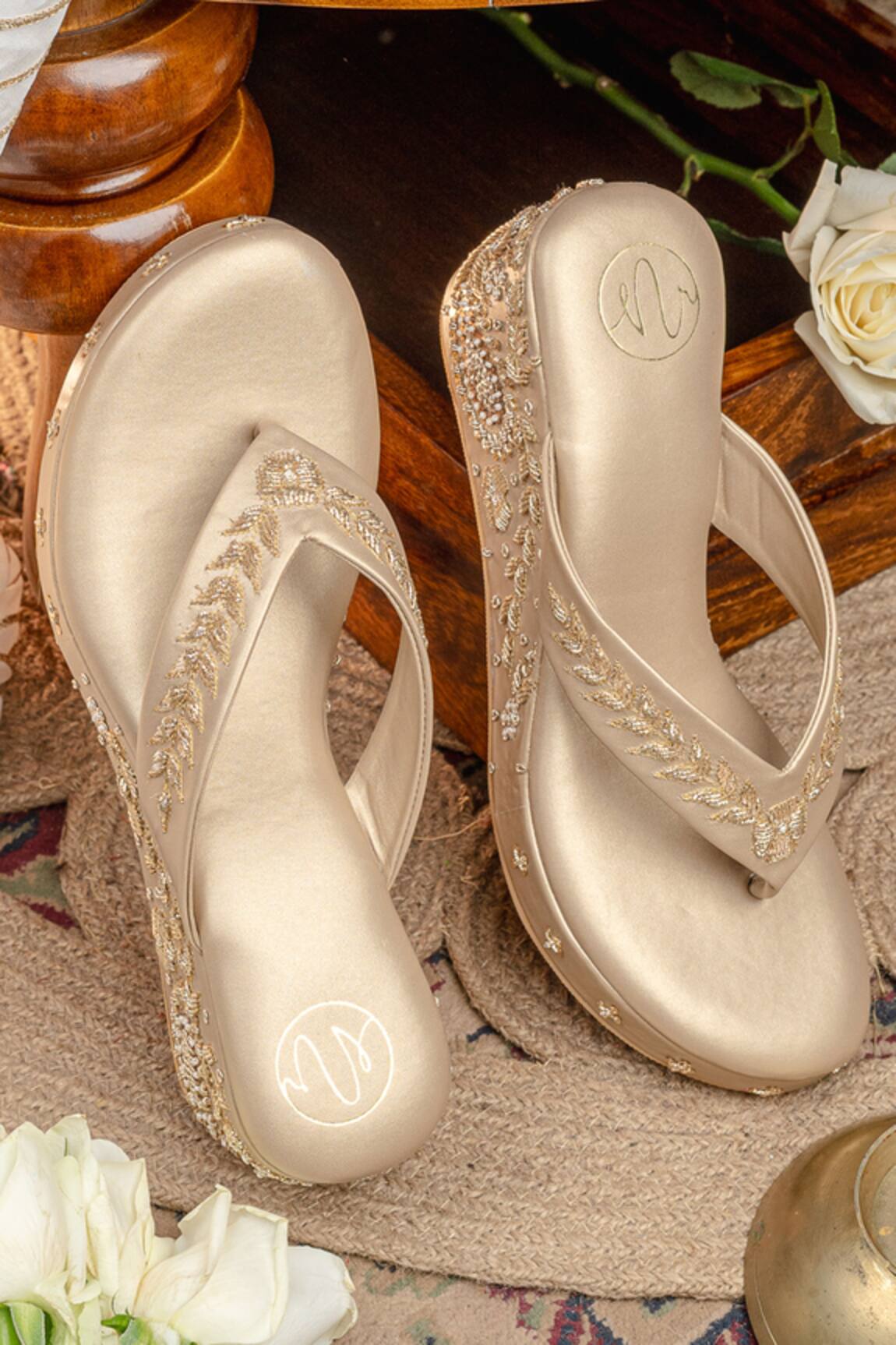 NR By Nidhi Rathi Gold Embellished Open-Toe Wedge Sandals