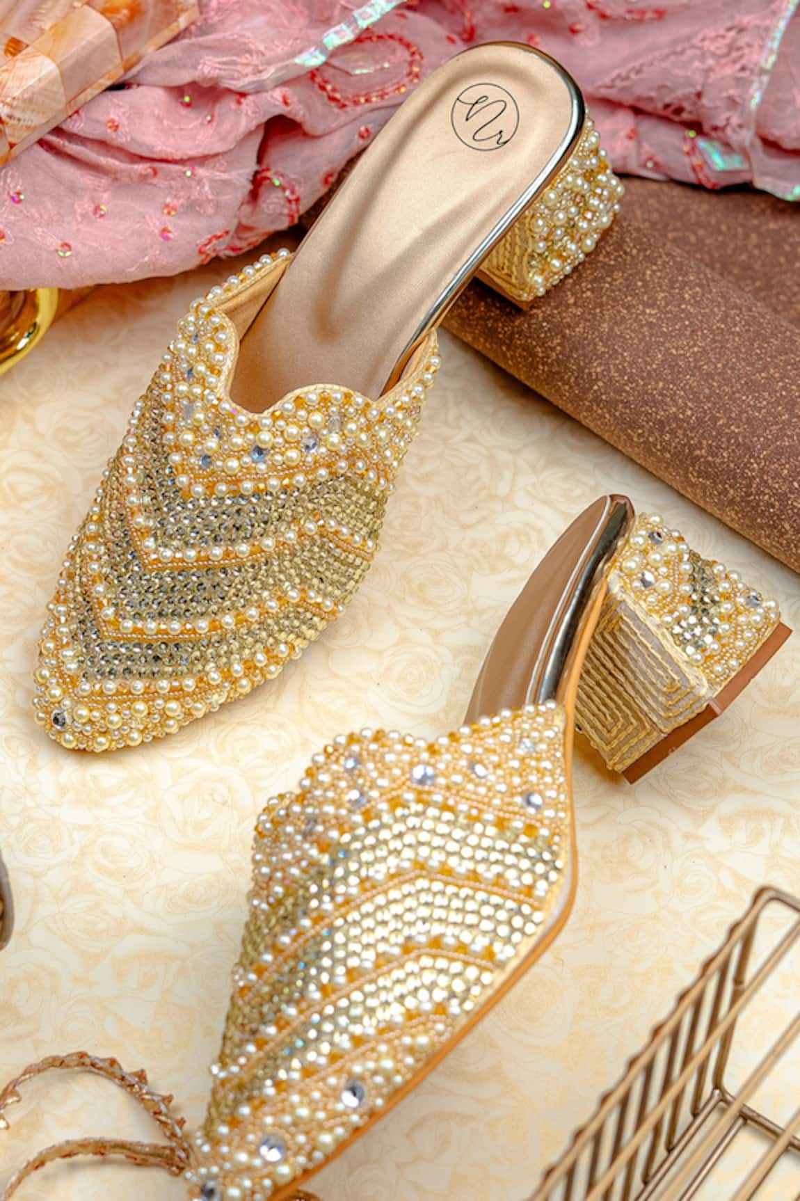 NR By Nidhi Rathi Gold Embellished Block Heel Mules
