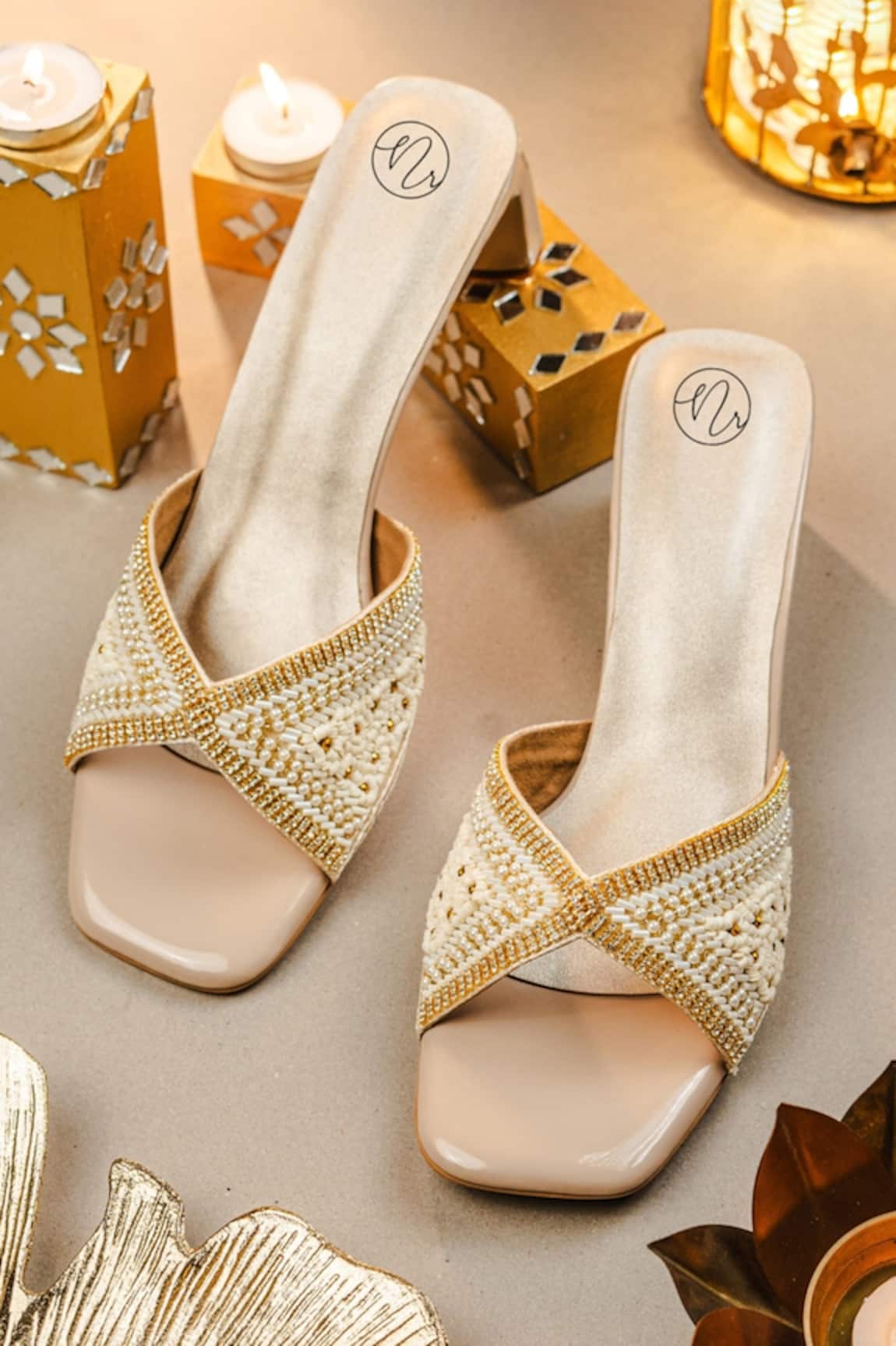 NR By Nidhi Rathi Gold Luxe Embellished Block Heel Sandals 