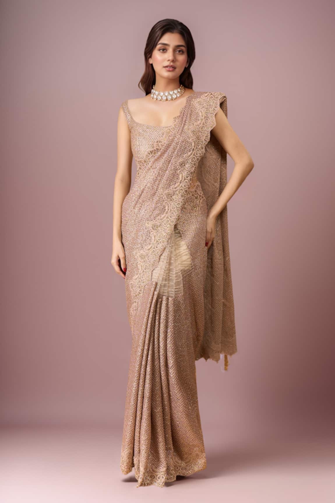 Tarun Tahiliani Rose Gold Saree With Blouse 