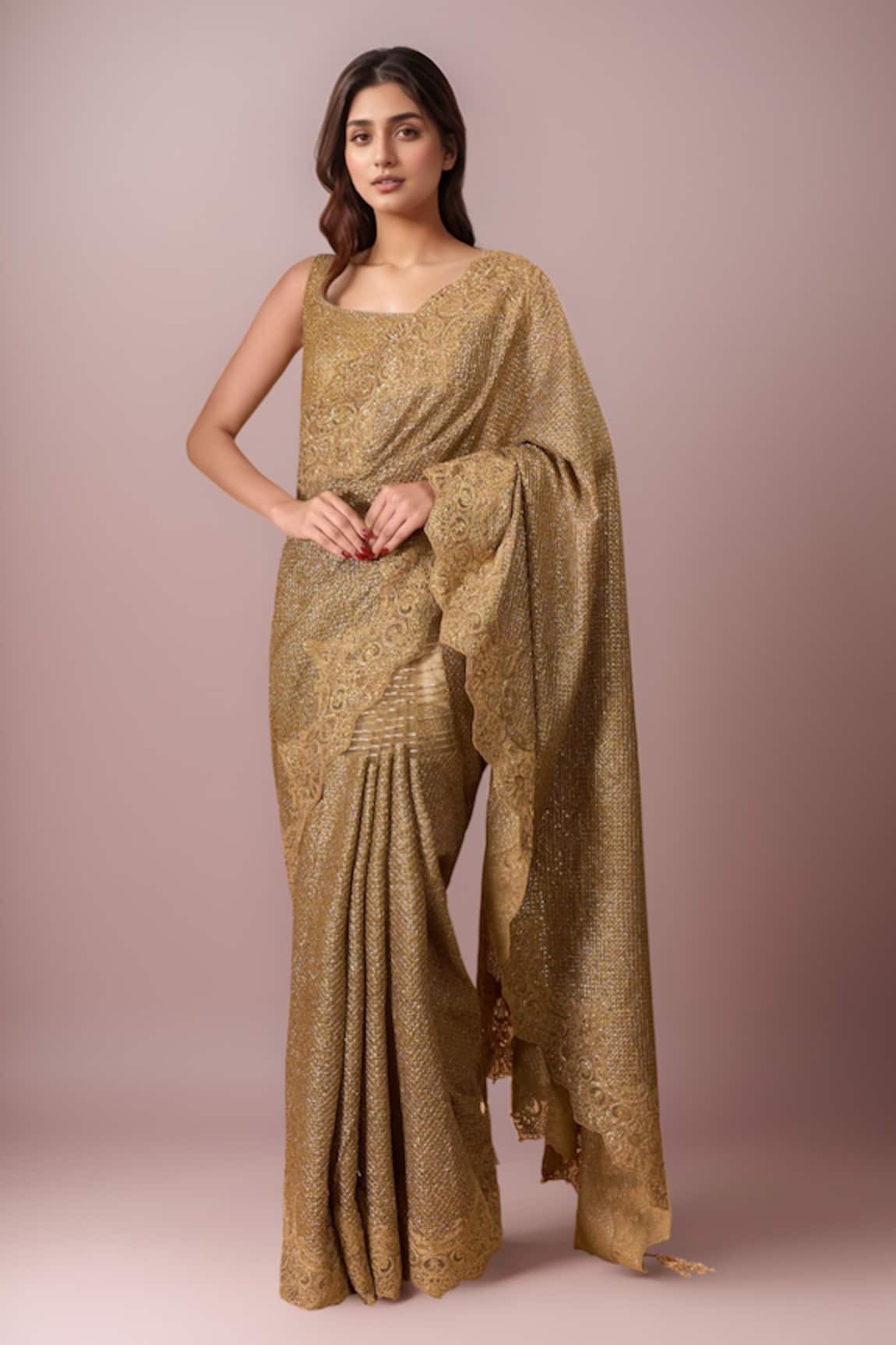 Tarun Tahiliani Gold Saree with Blouse 