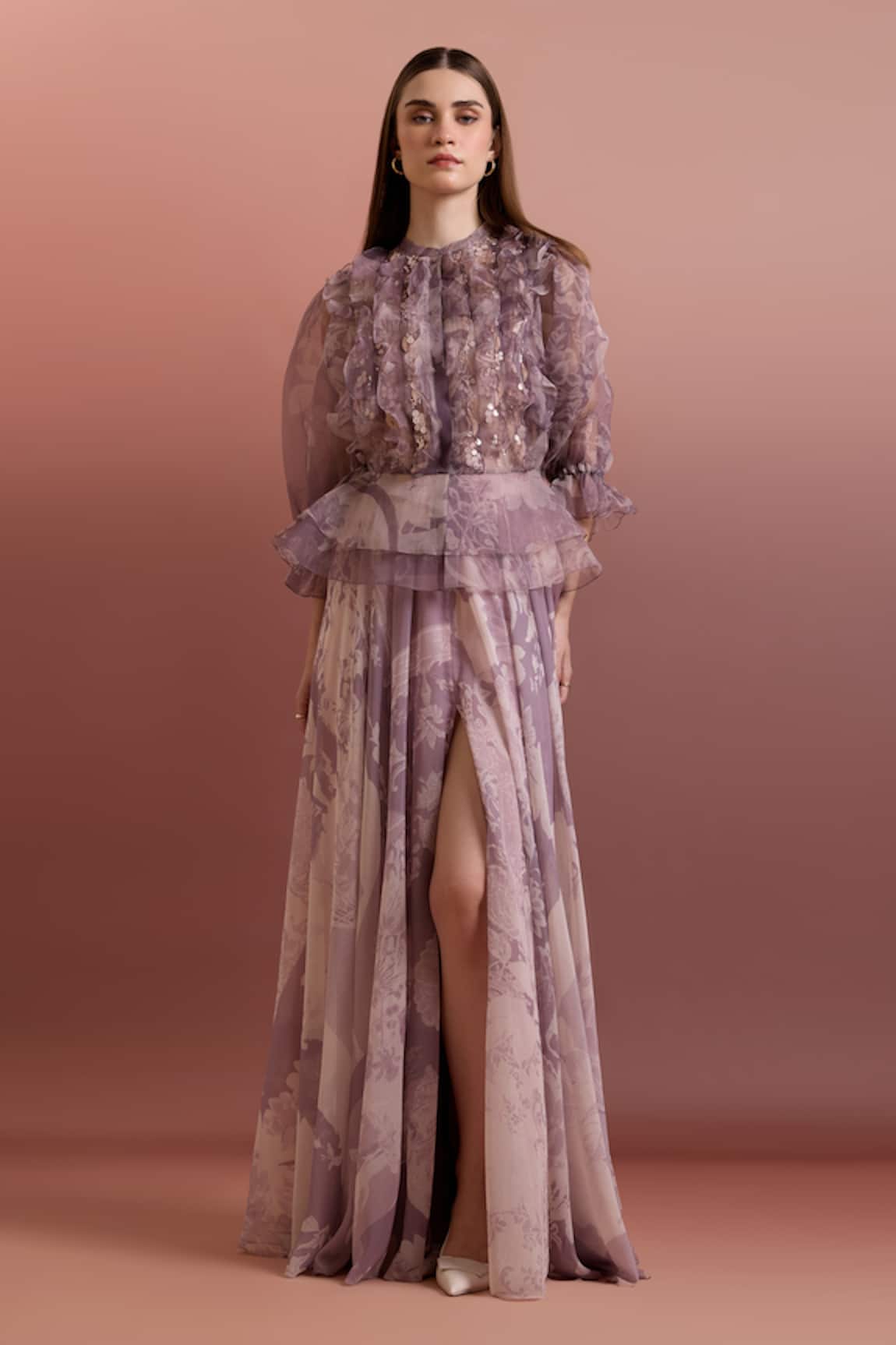 Pankaj & Nidhi Embellished Ruffle Top & High Slit Skirt Set