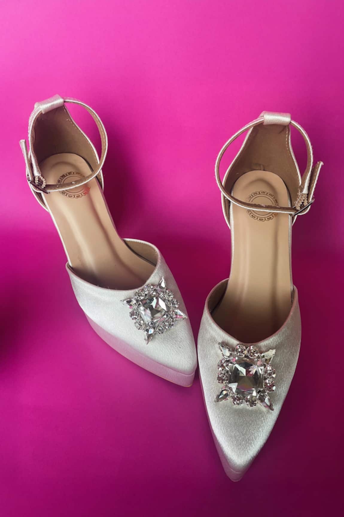 Modanta Footwear White Satin Pumps with Diamond Embellishment 