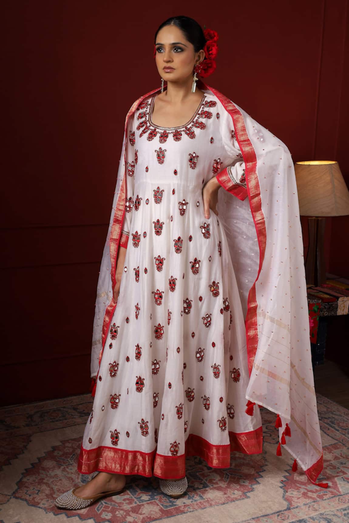 Sheeshakari Designer White Anarkali Set  