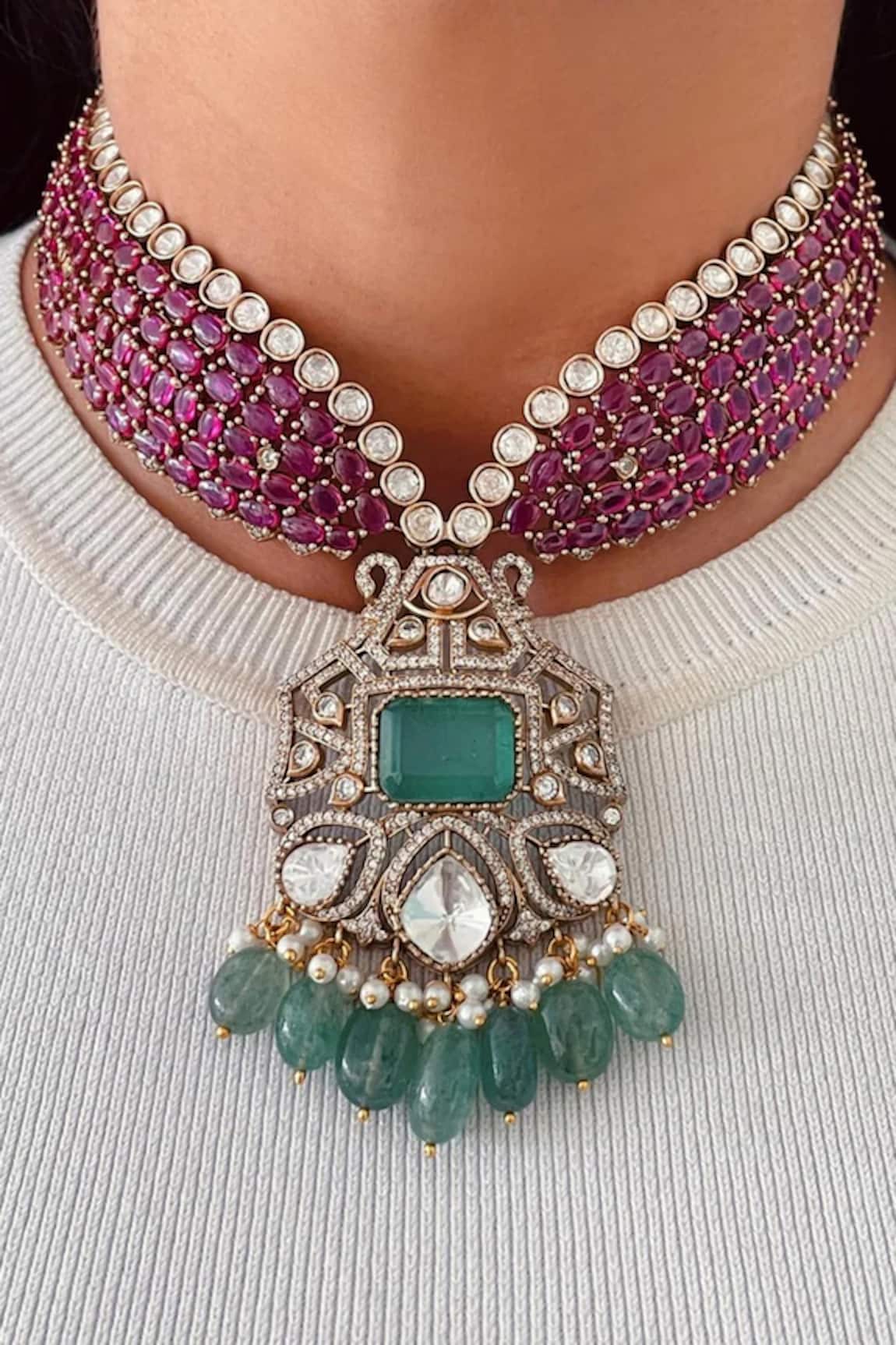 Prerto Queen Ruby Emerald Kundan Necklace Set 