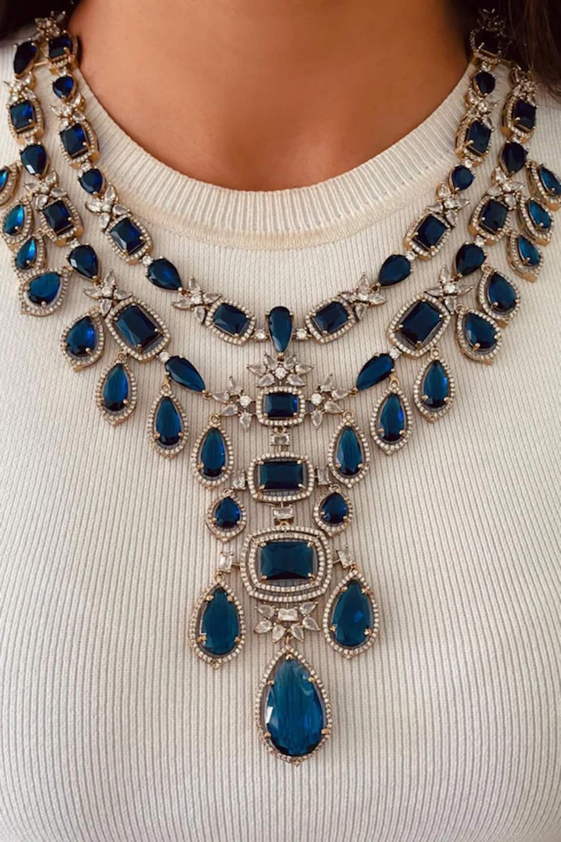Prerto Sapphire Blue Kanch Victorian Necklace Set 