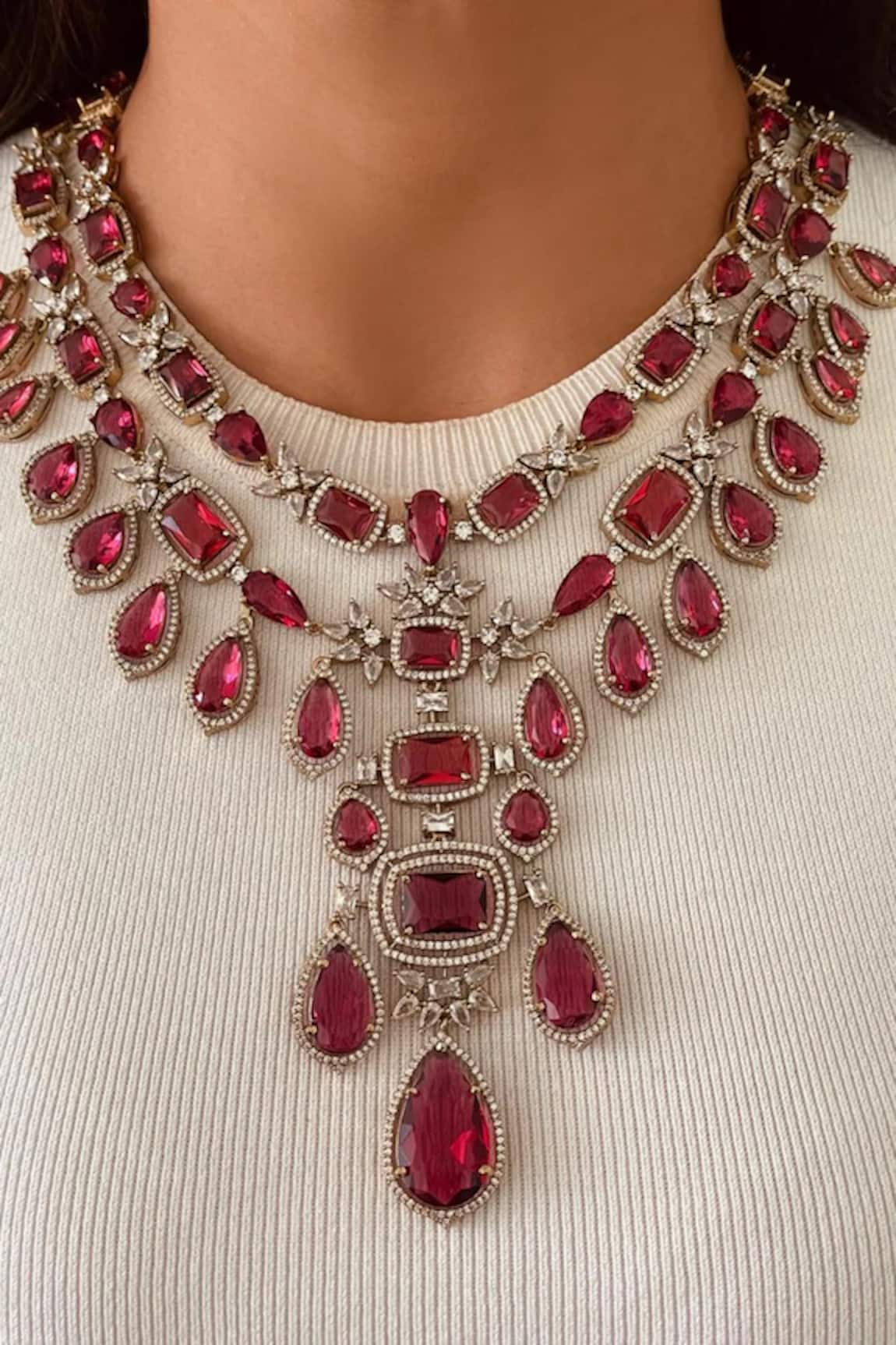 Prerto Ruby Kanch Victorian Finish Necklace Set 