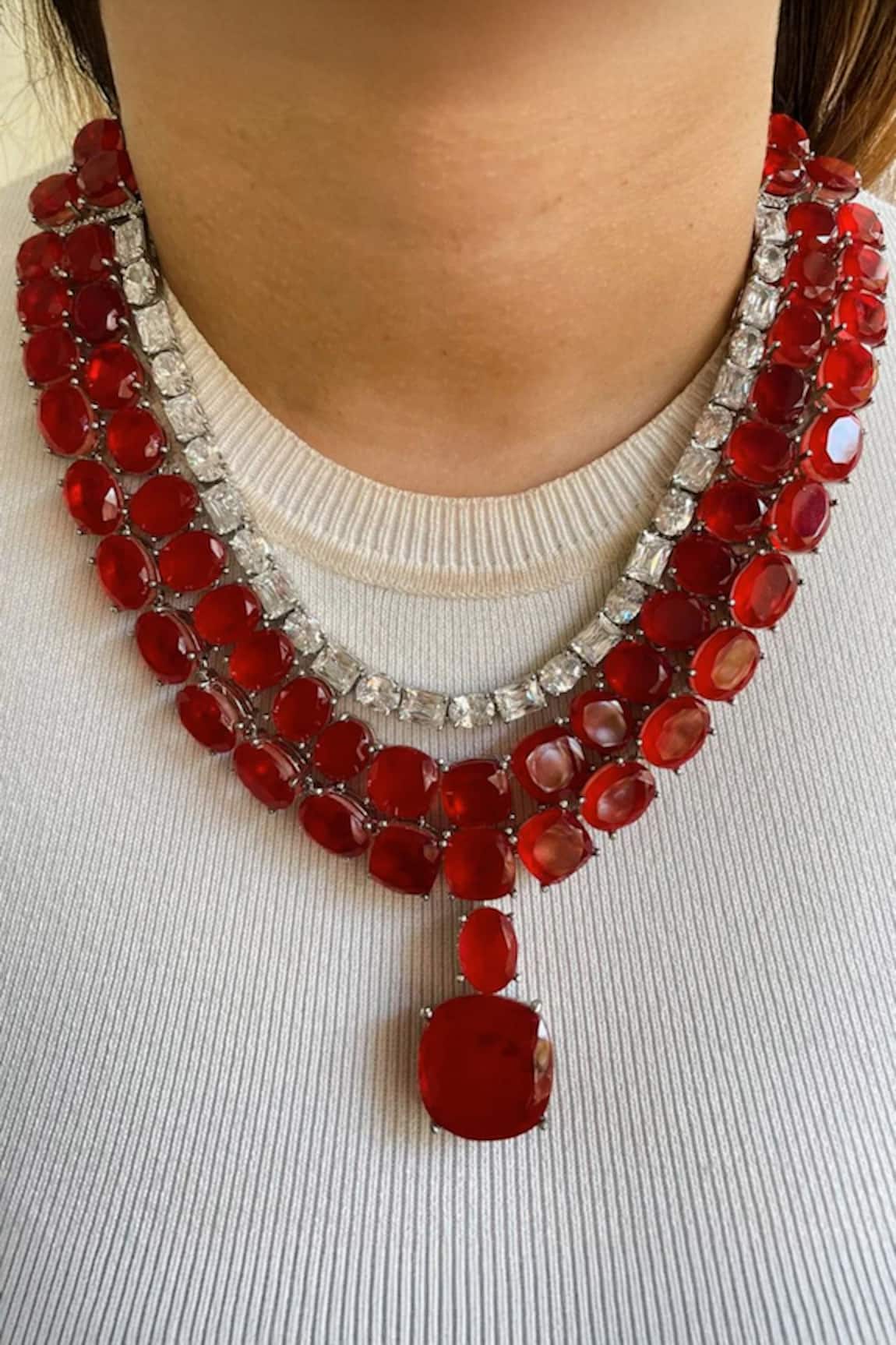 Prerto Ruby Red 3 Layer Necklace Set 