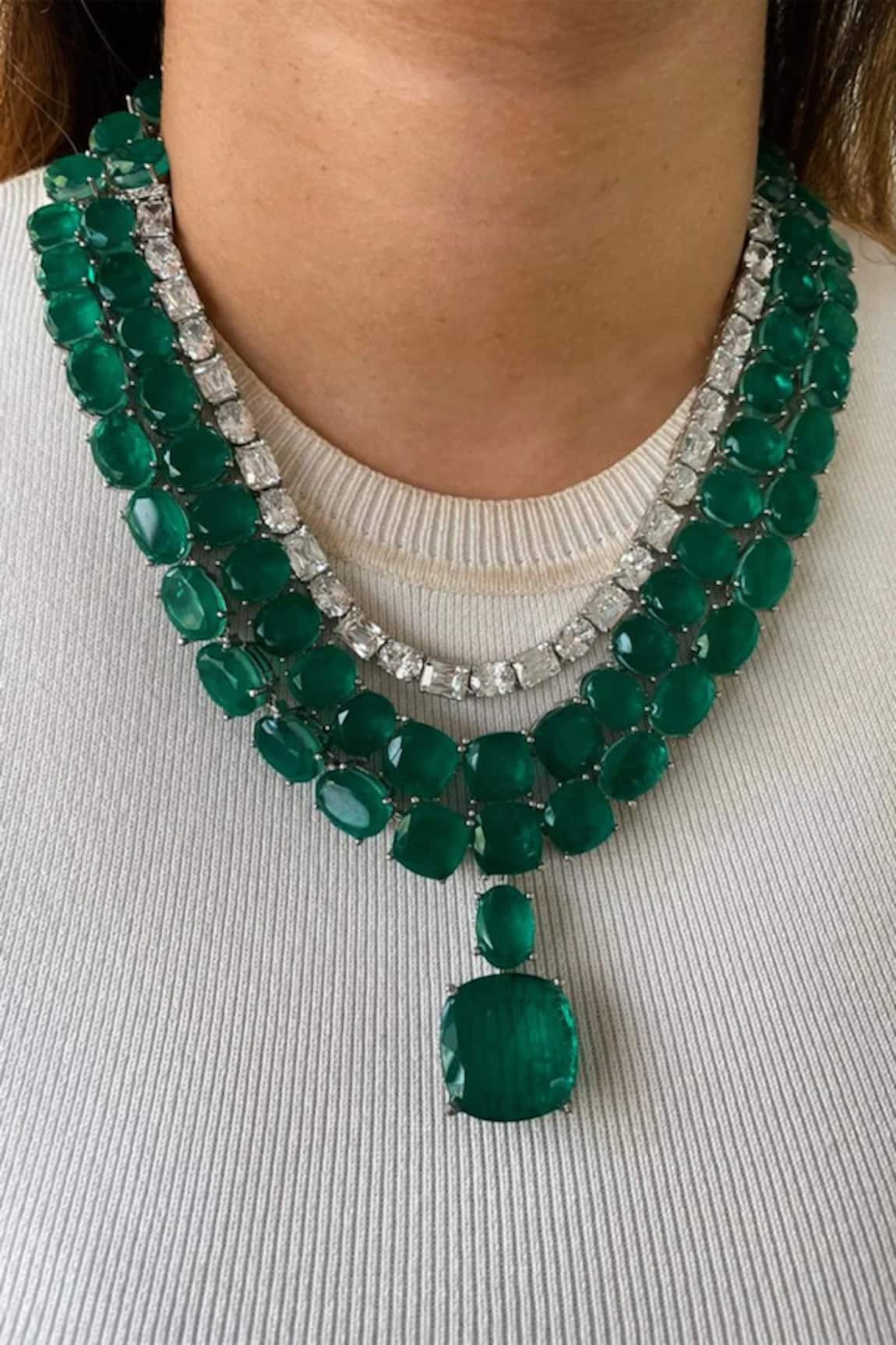 Prerto Emerald Green Diamond Stone 3 Layer Necklace Set 