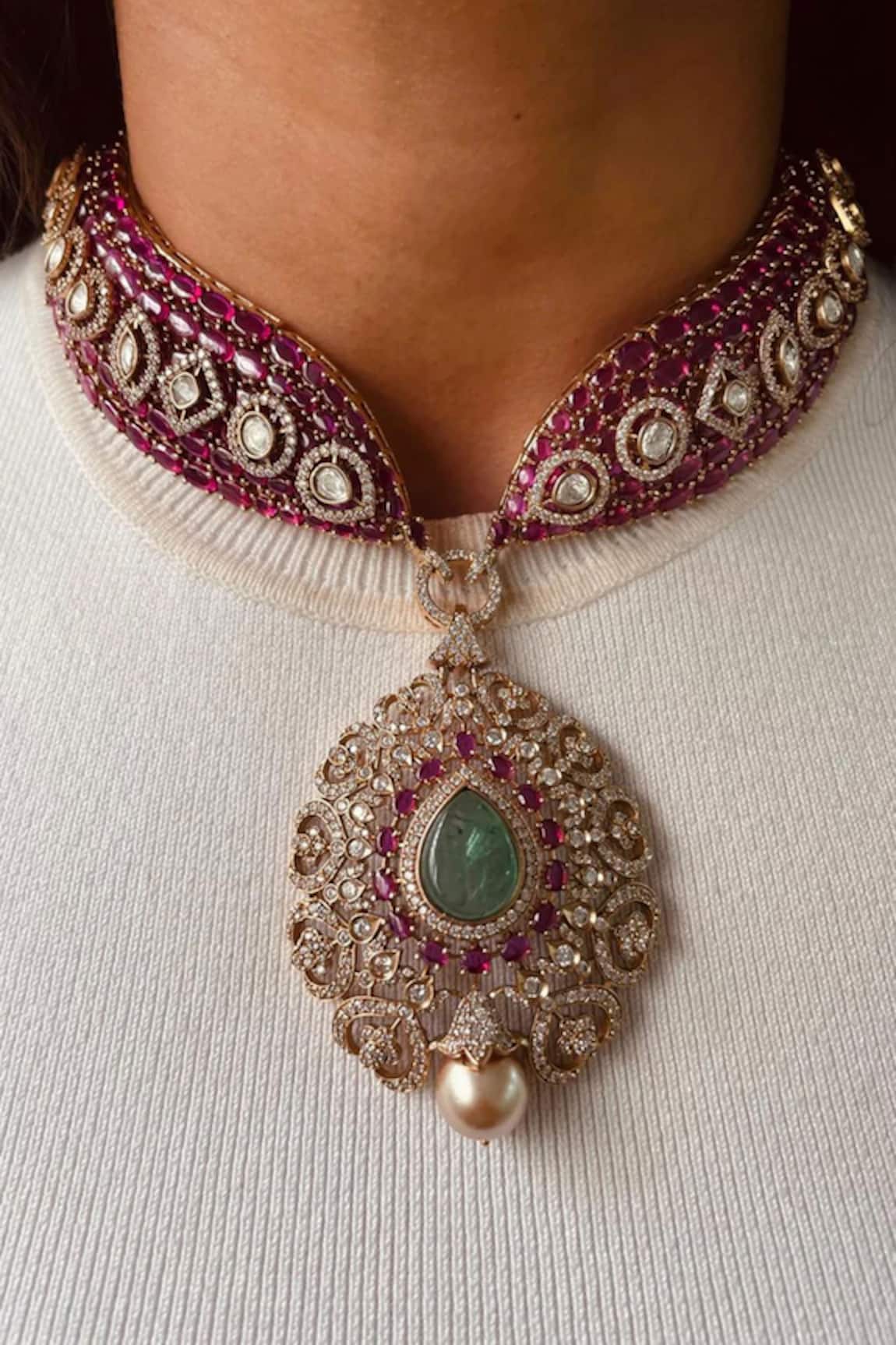 Prerto Ruby Pink Kundan Necklace Set 