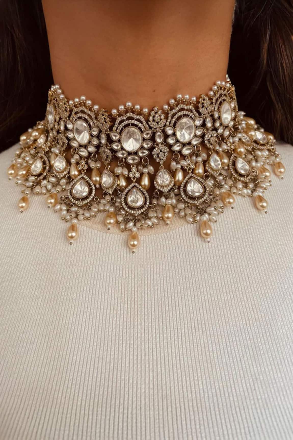Prerto Kundan Polki Tear & Pearl Drops Necklace Set 