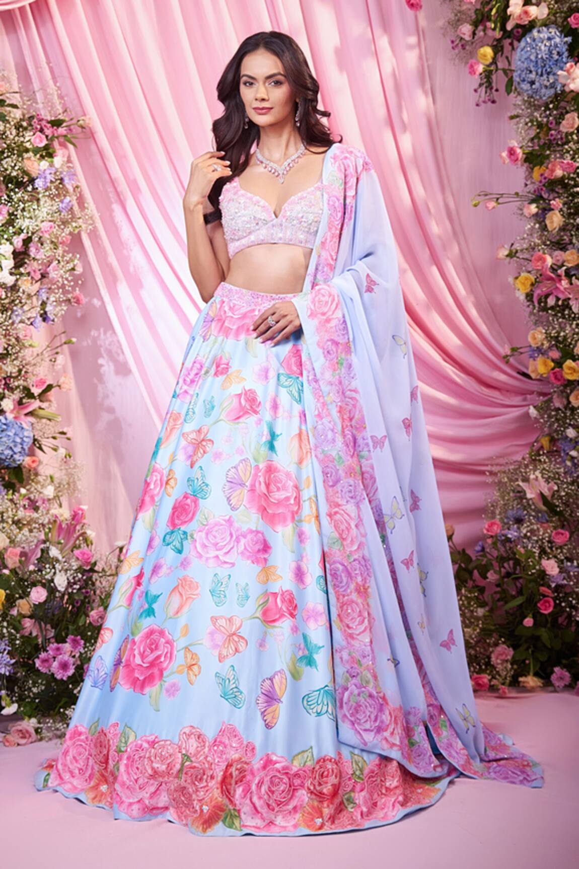 Label Priyanka Kar Floral Hand Embroidered Lehenga Set 