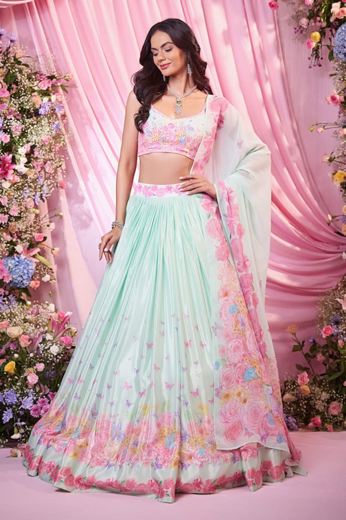 Label Priyanka Kar Floral Embroidered Green Lehenga Set 