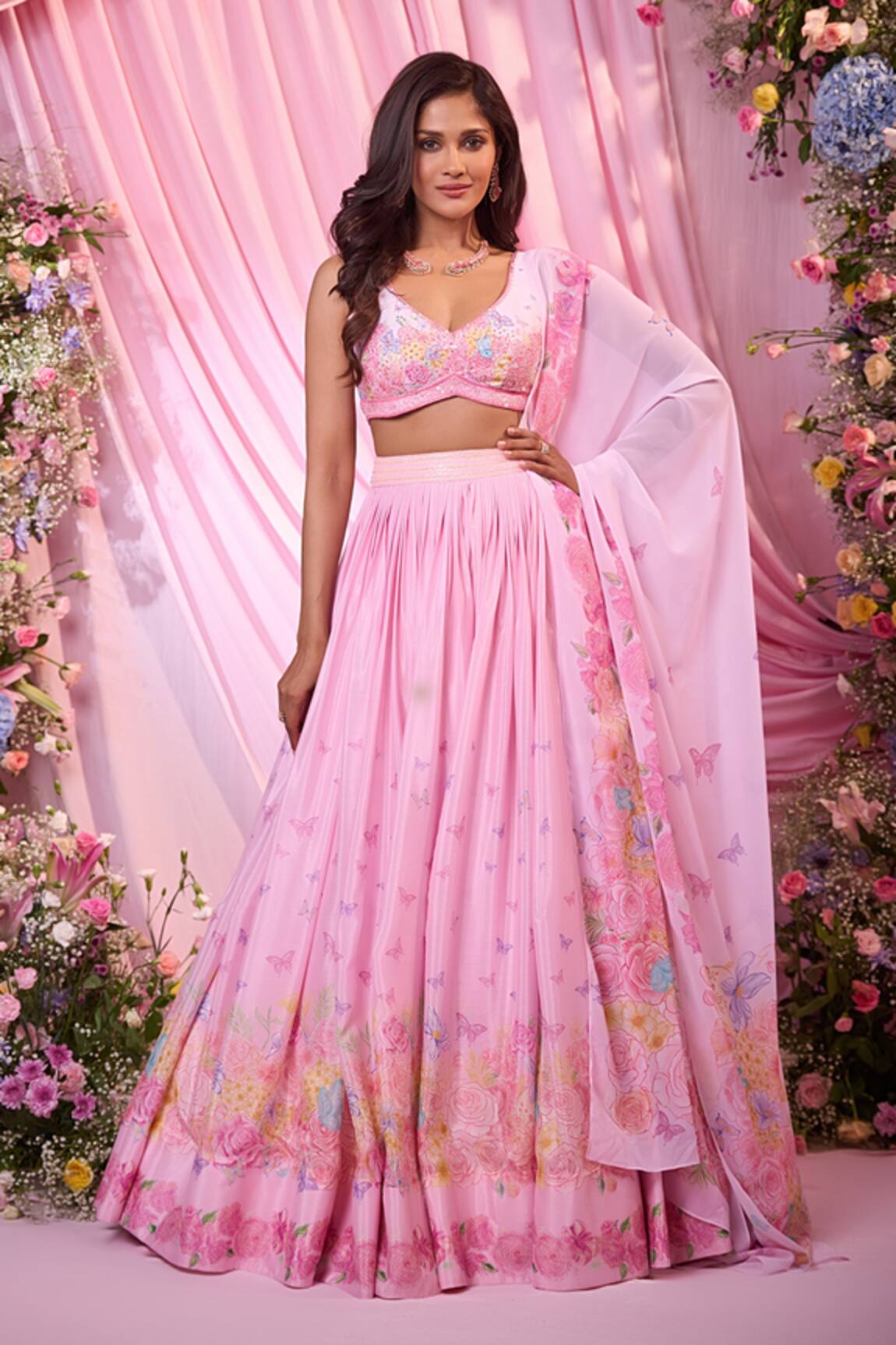 Label Priyanka Kar Floral Hand Embroidered Pink Lehenga Set 