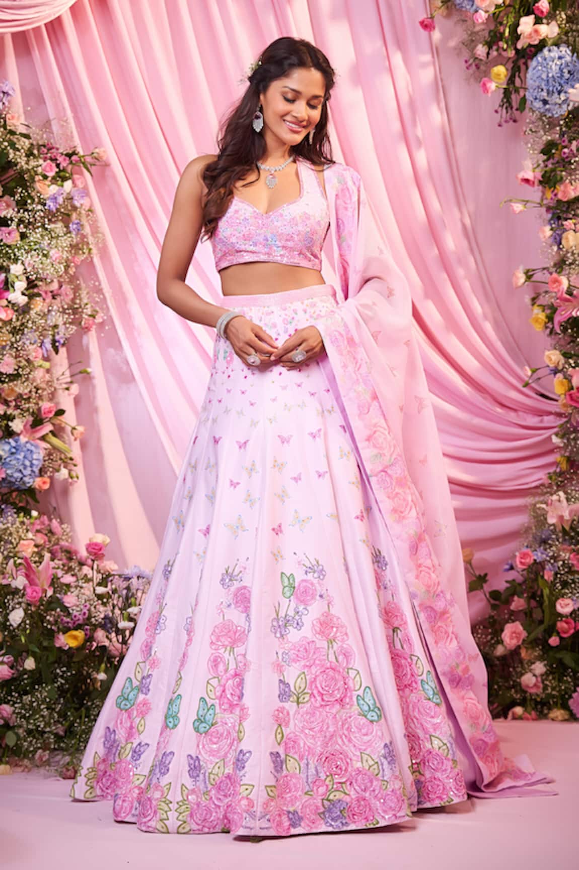 Label Priyanka Kar Floral Embroidered Pink Lehenga Set 