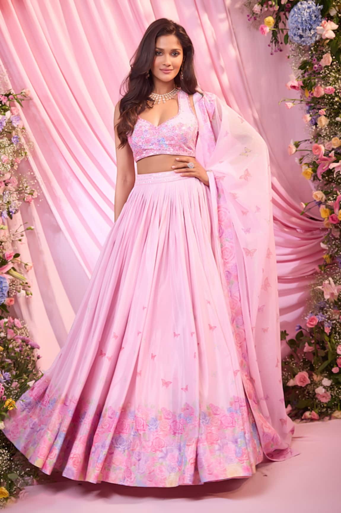 Label Priyanka Kar Floral Hand Embroidered Pink Lehenga Set 