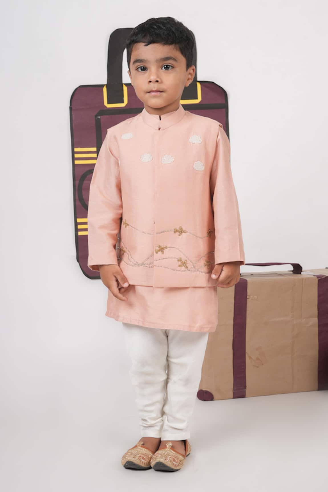Little Brats Onion Pink Aeroplanes Cloud Kurta Set 