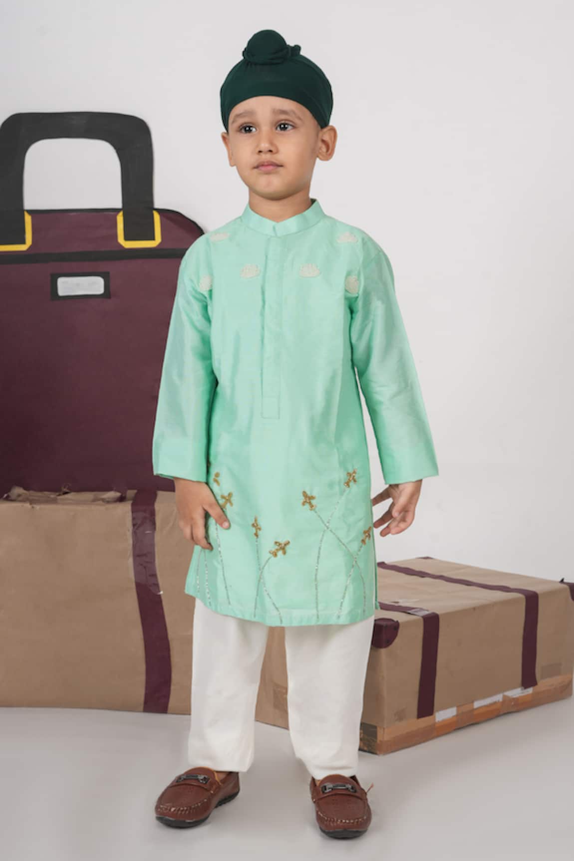 Little Brats Mint Green Aeroplanes Kurta & Pajama Set 