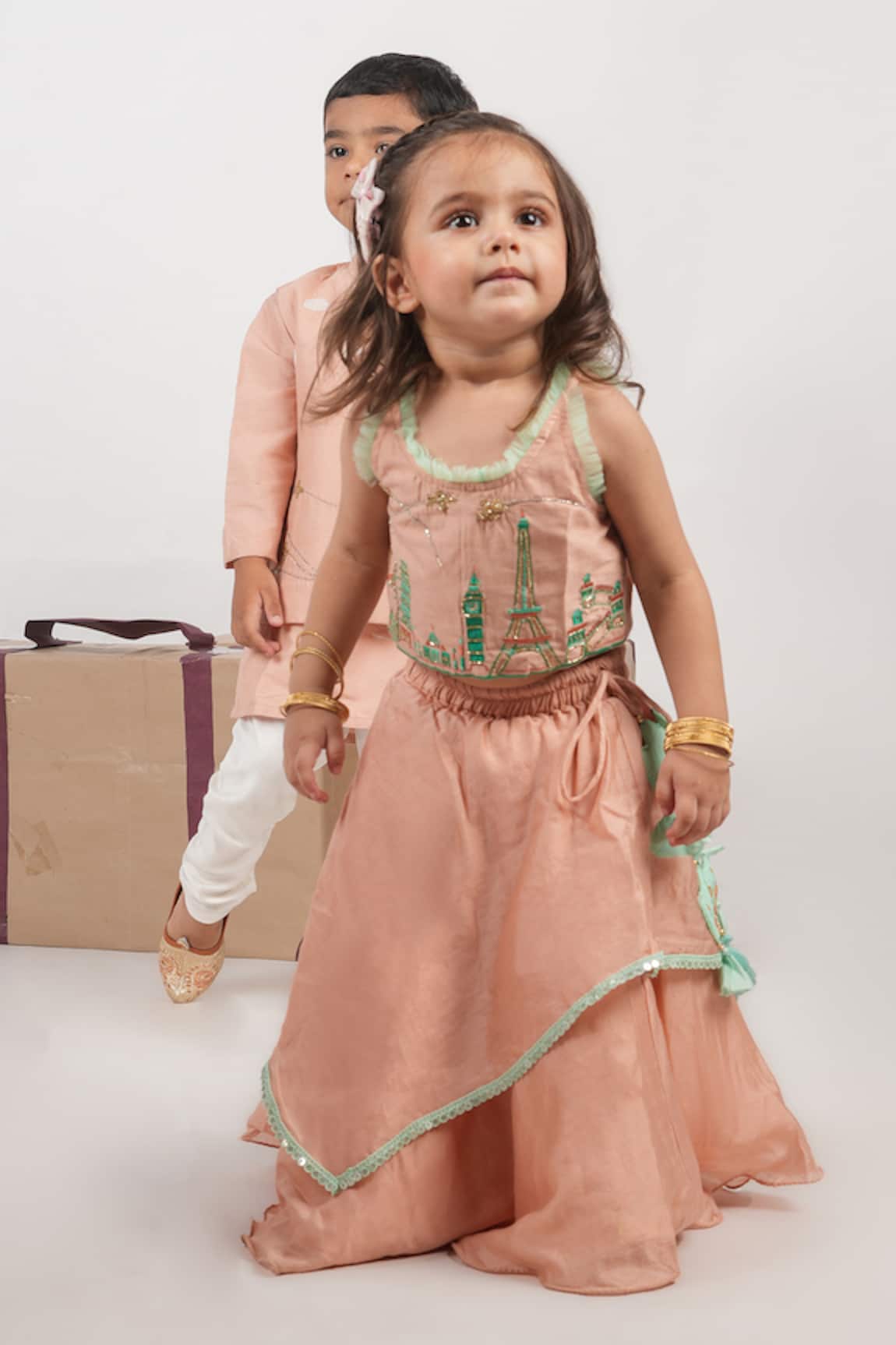 Little Brats Travel Theme Embroidered Blouse & Lehenga Set 