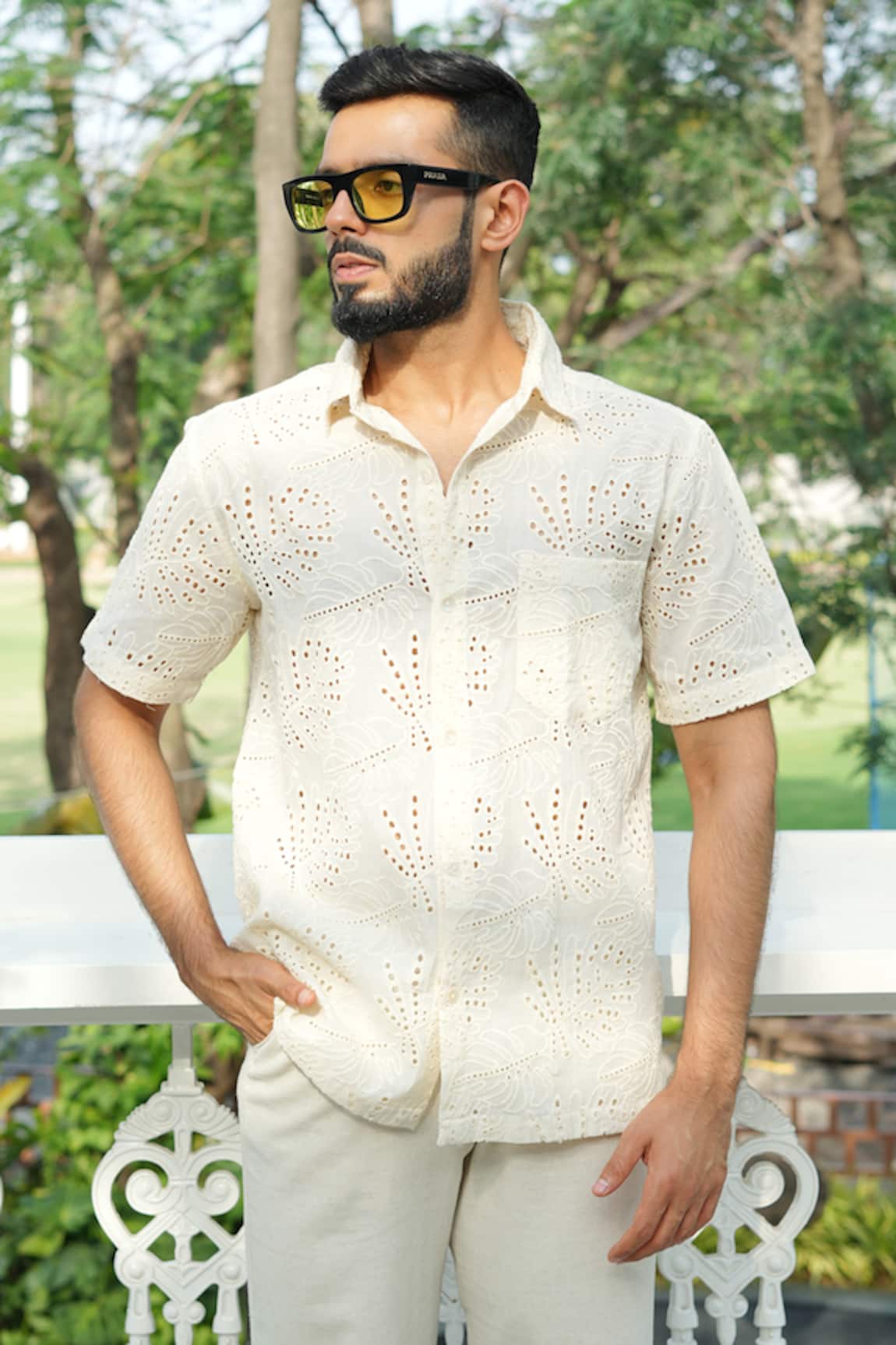 Raas Life Leaf Embroidered Cream Shirt 