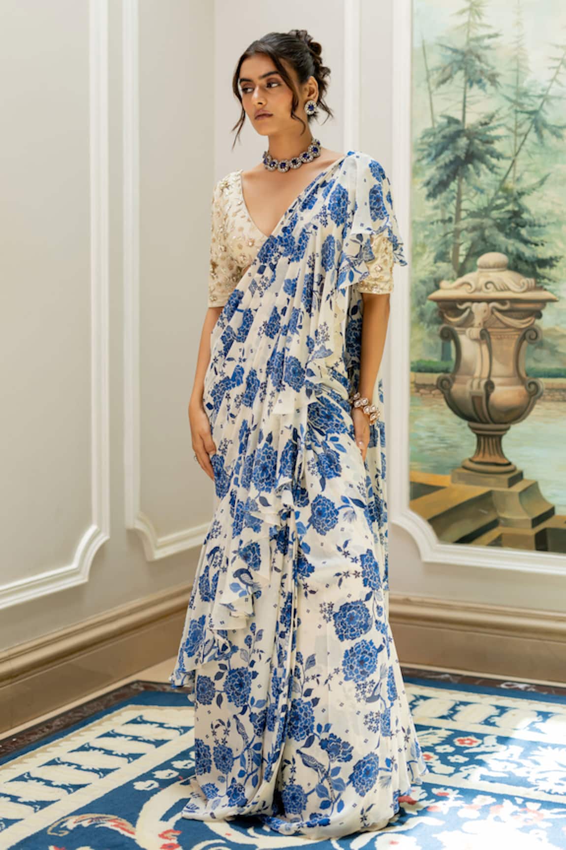 Paulmi And Harsh Blue Floral Pre-draped Saree & Blouse Set 