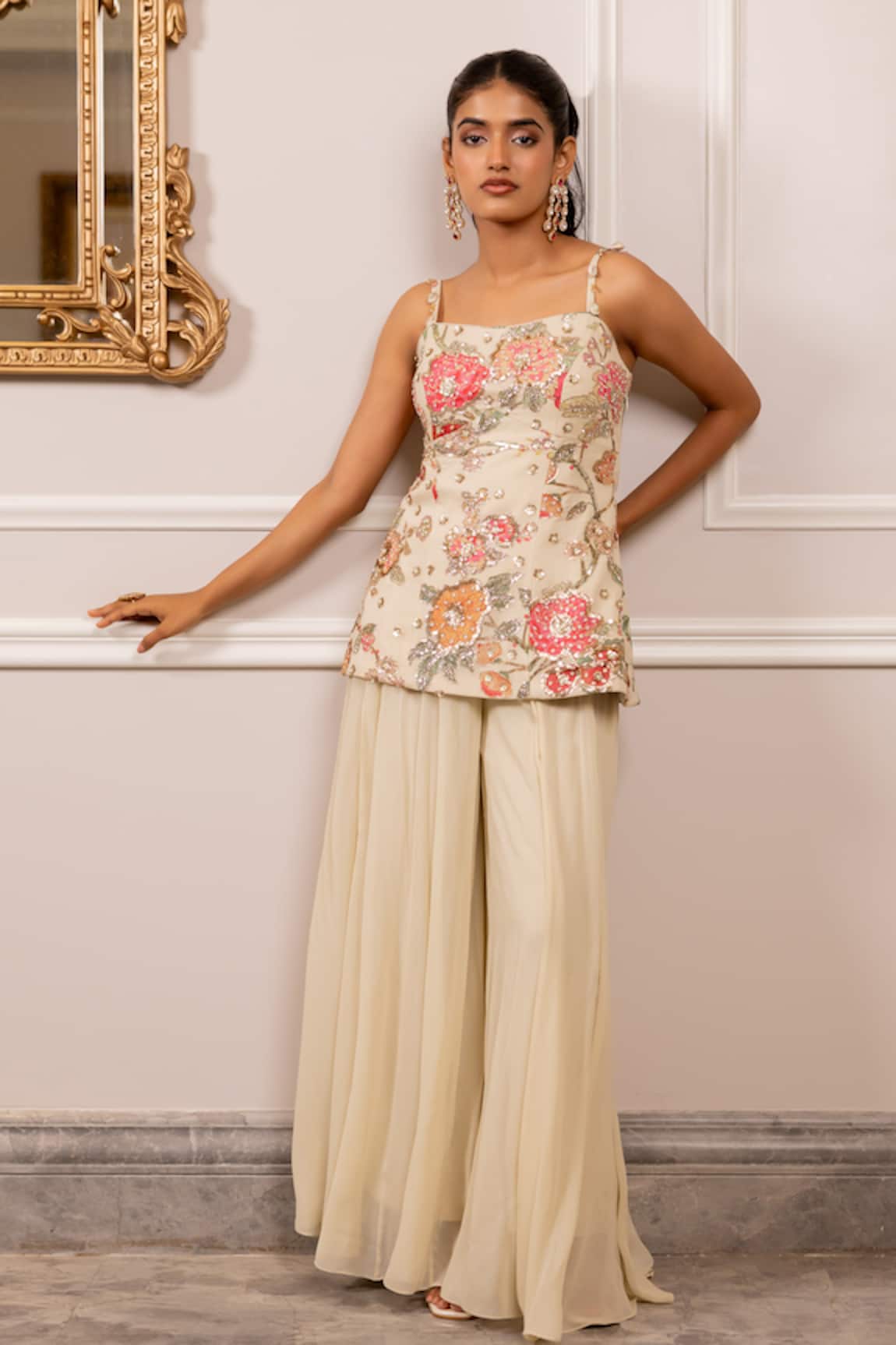 Paulmi And Harsh Floral Embroidered Georgette Kurta Palazzo Set 