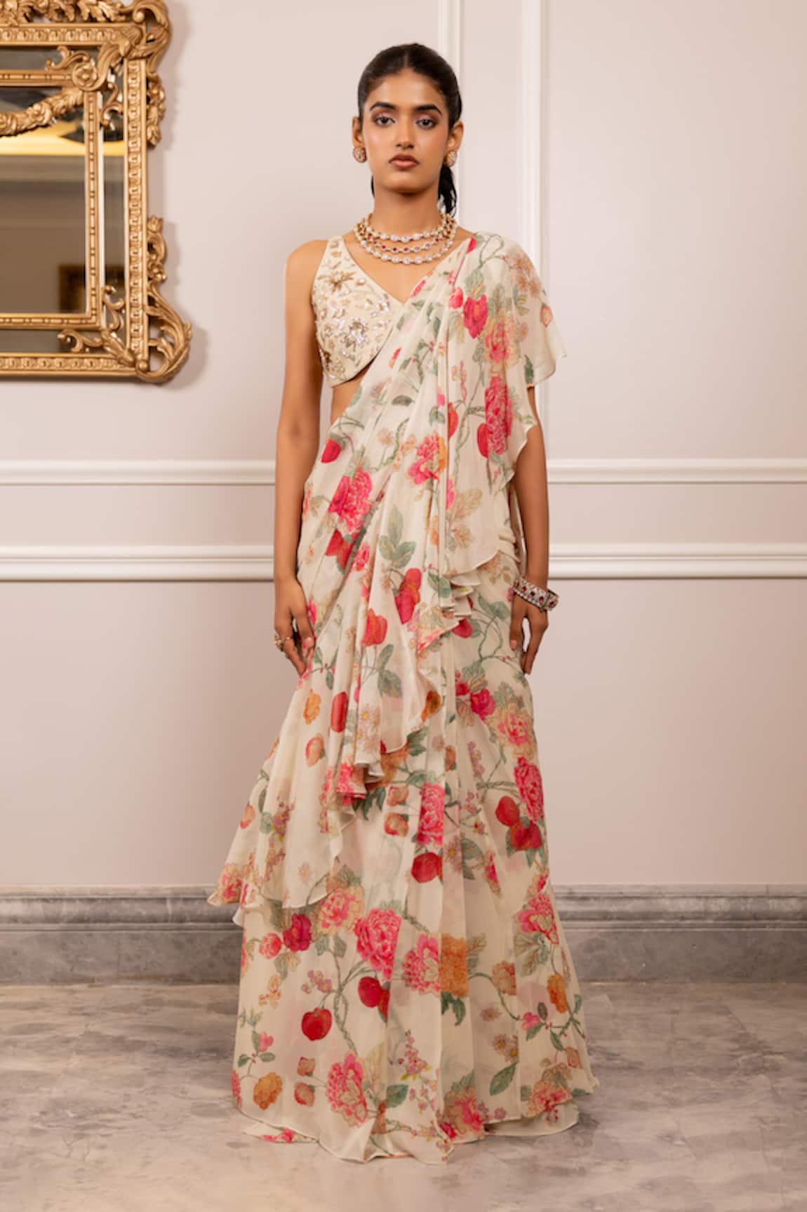 Paulmi And Harsh Floral Print Pre-Draped Saree Set 