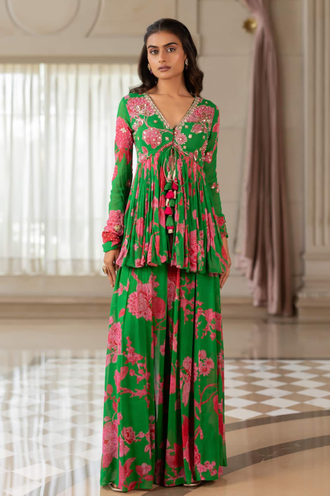 Paulmi And Harsh Floral Print Peplum Tunic & Palazzo Set 