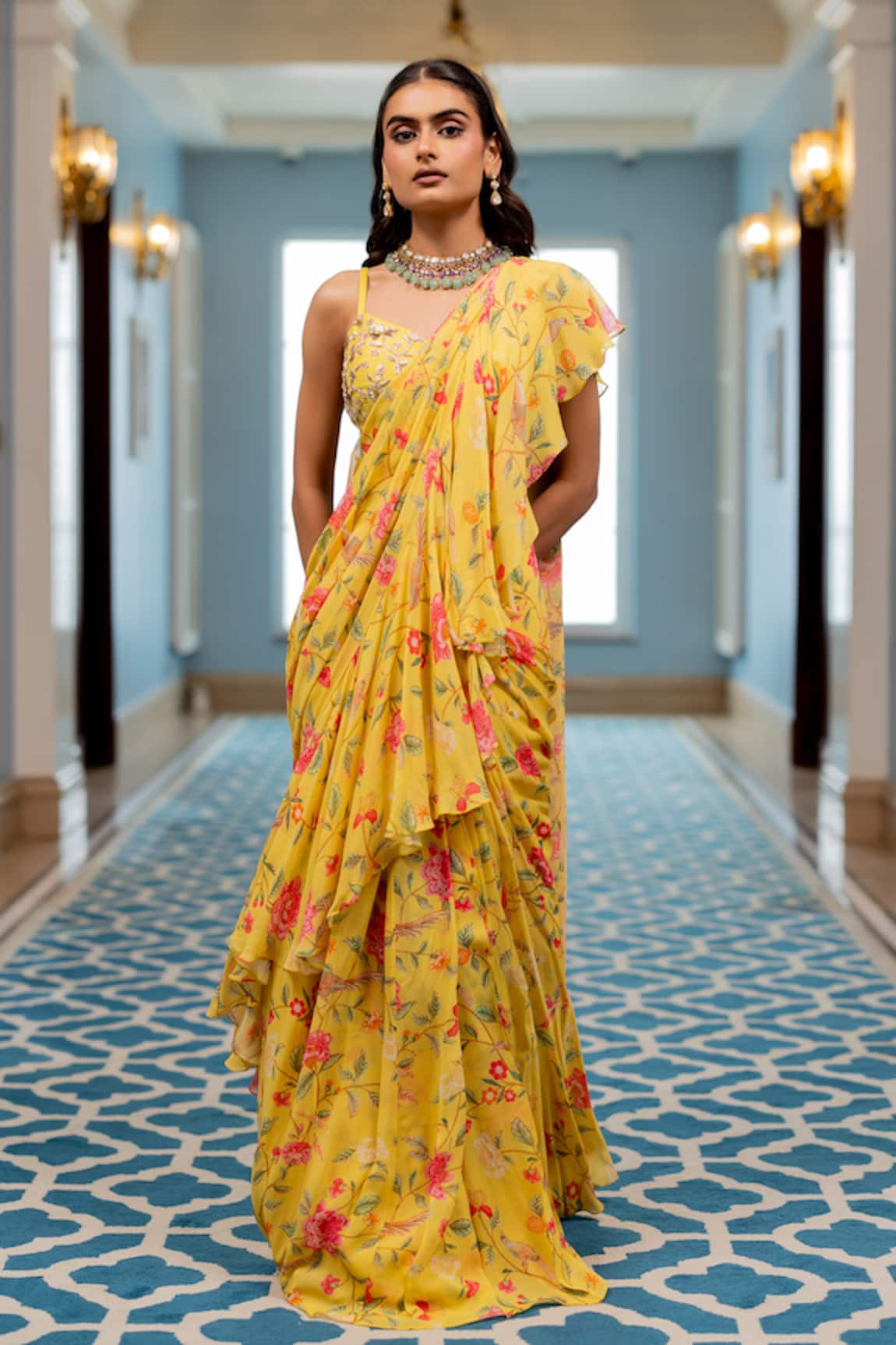 Paulmi And Harsh Yellow Floral Pre-draped Saree Set 