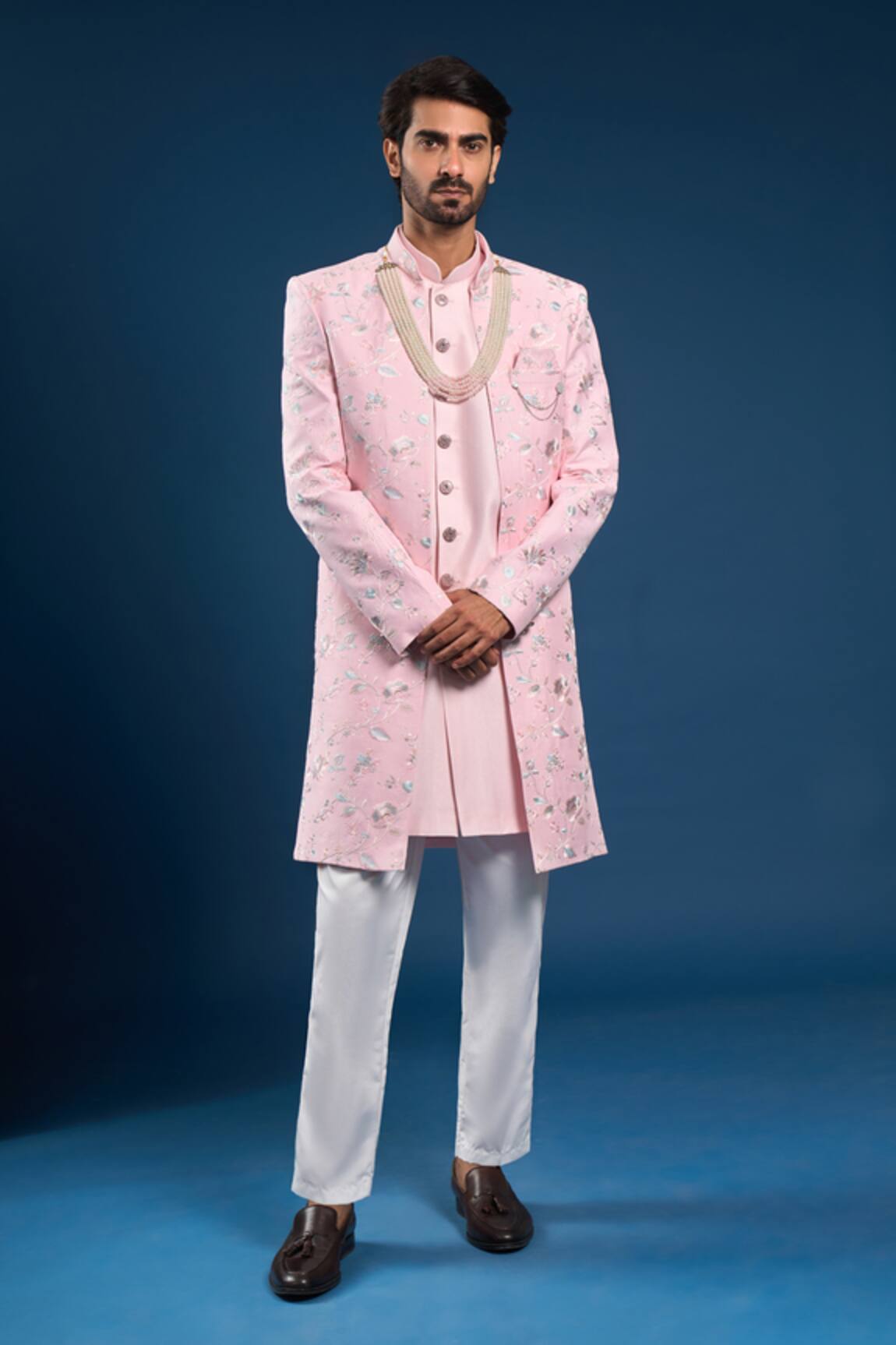Arihant Rai Sinha Pink Self Weaving Sherwani Set 