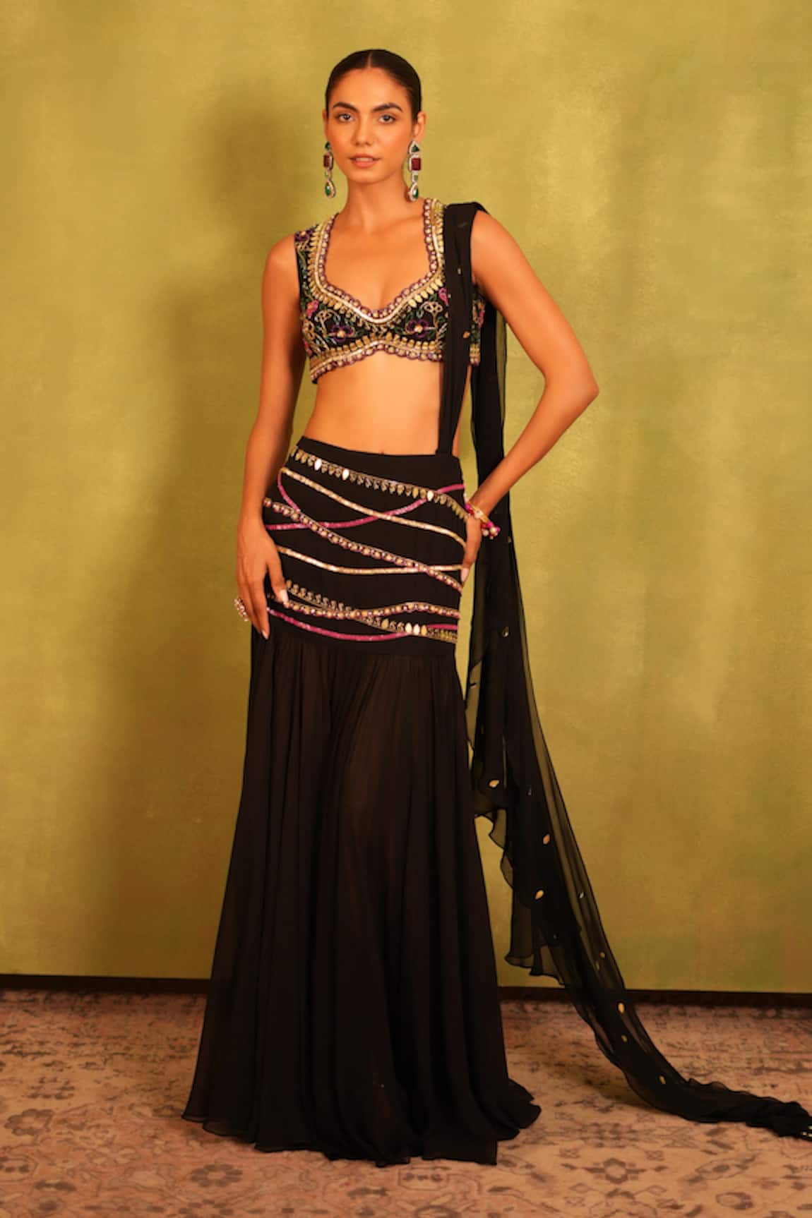 Kiran Kalsi Black Hand Embroidered Blouse & Saree Set 