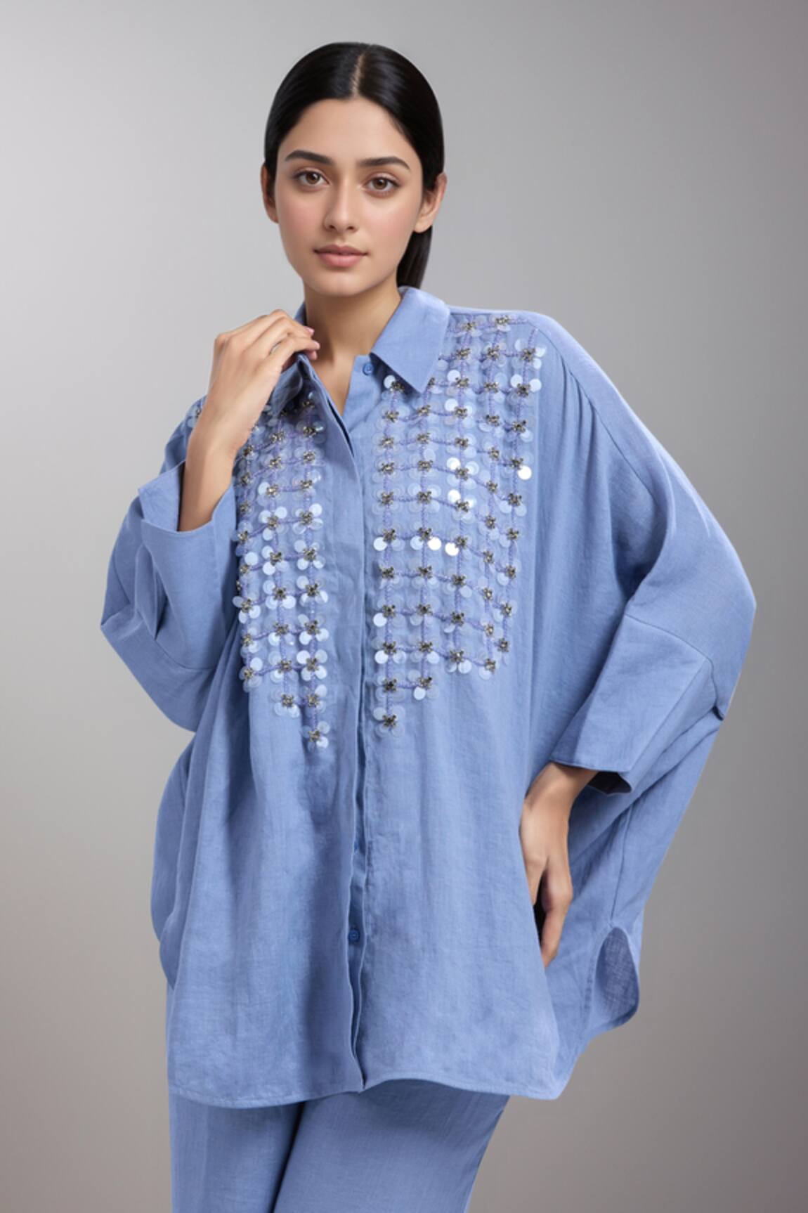 Dhruv Kapoor Blue Crystal Grid Long Shirt 