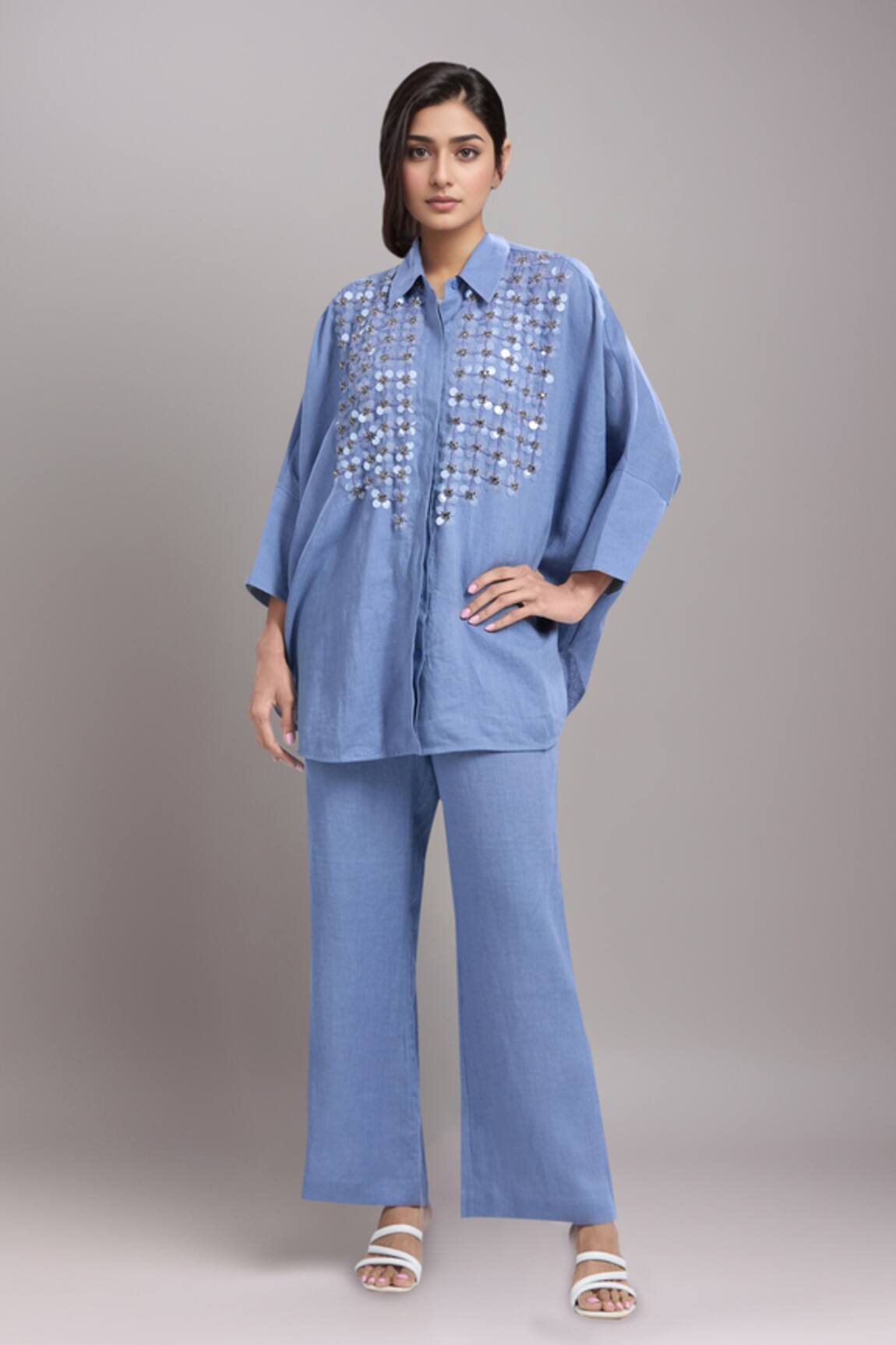 Dhruv Kapoor Blue Crystal Grid Long Shirt & Pant Set 