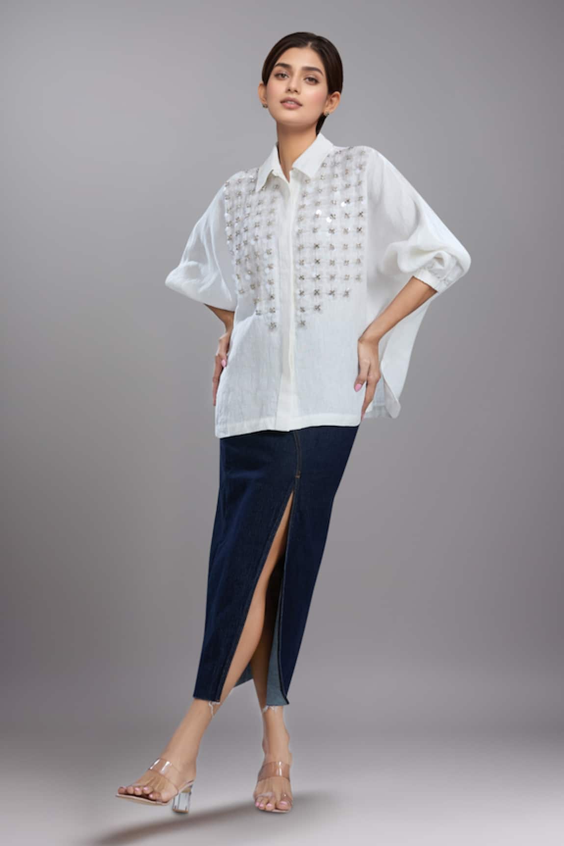 Dhruv Kapoor White Crystal Grid Batwing Shirt 